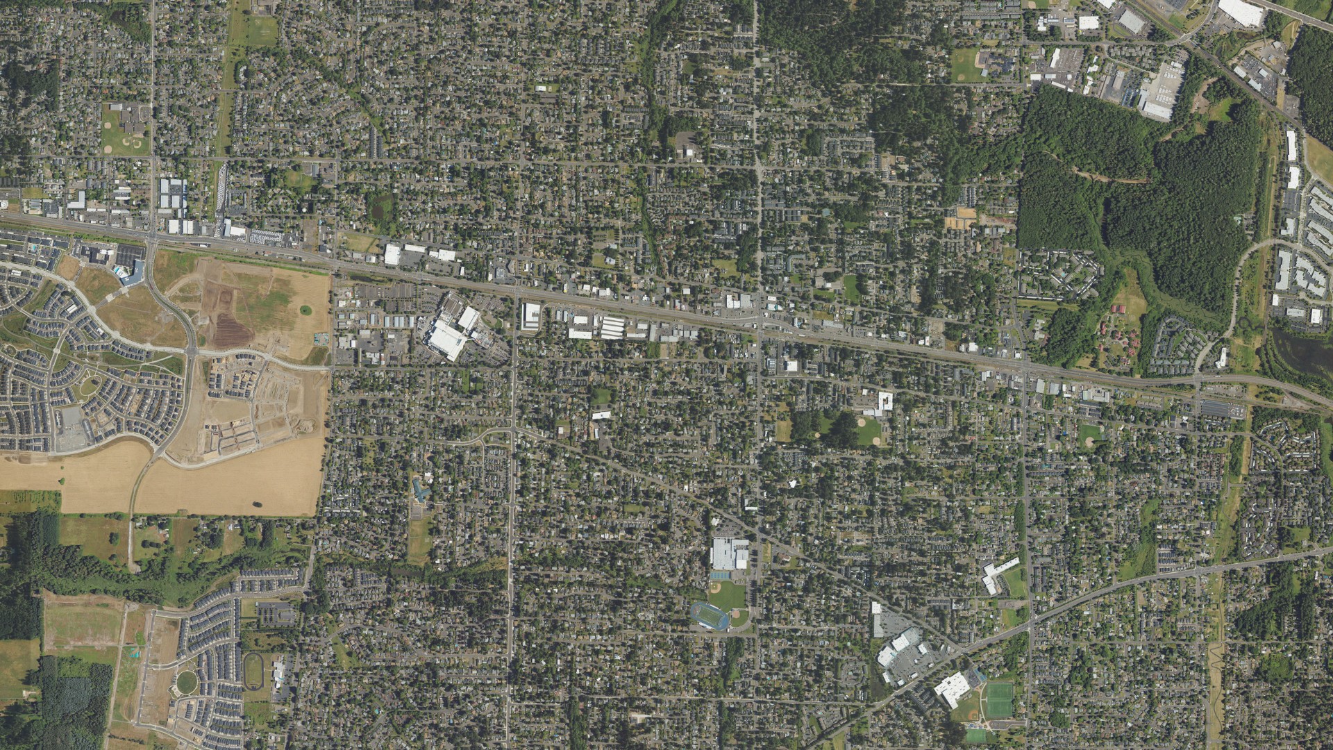 Natural-color aerial photograph of land around Aloha, Oregon