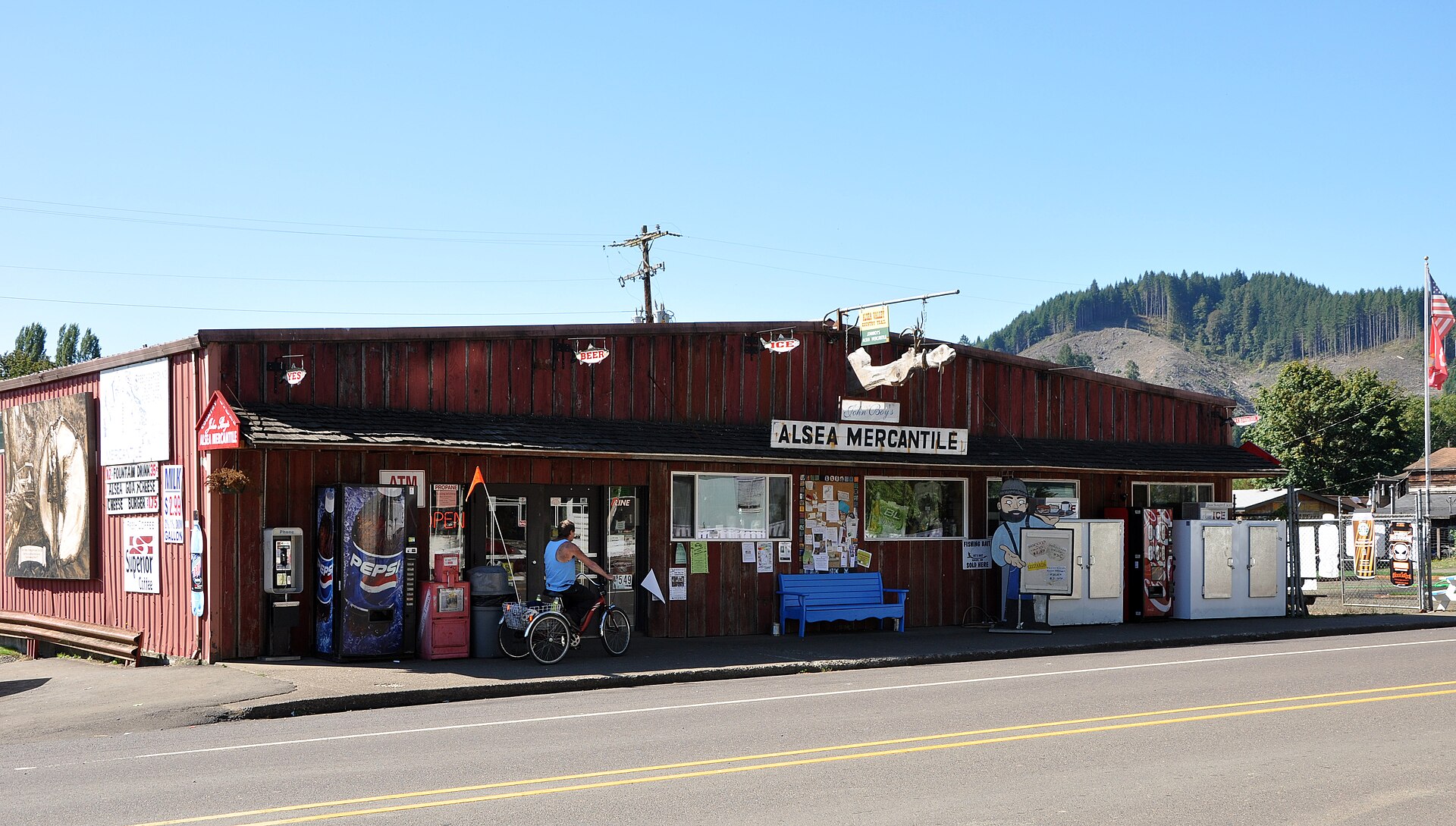 Alsea Mercantile in Alsea, Oregon, in the United States. Looking south from Route 34, the Alsea Highway.