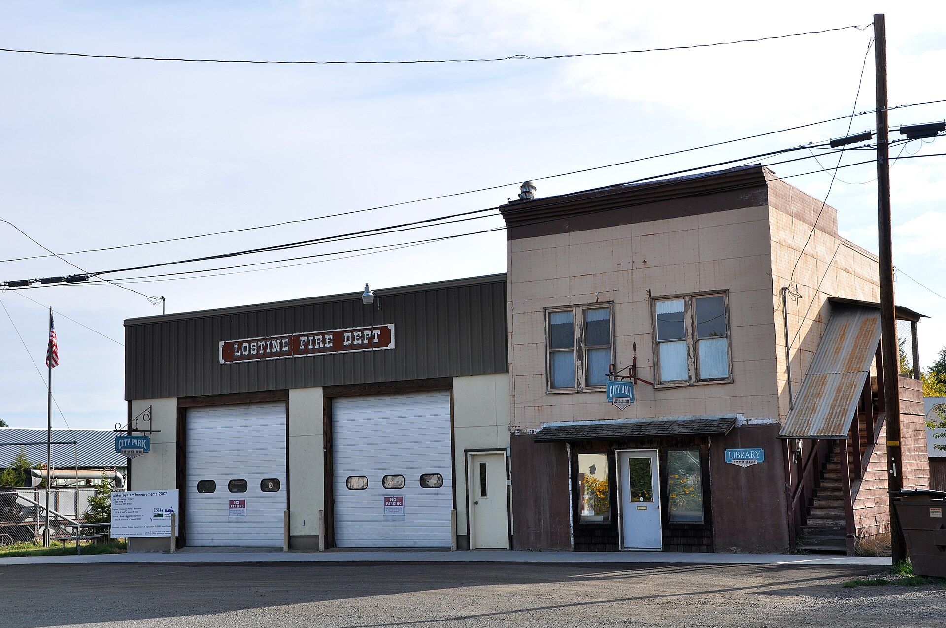 Fire station, city hall, and library in Lostine, Oregon, in the United States