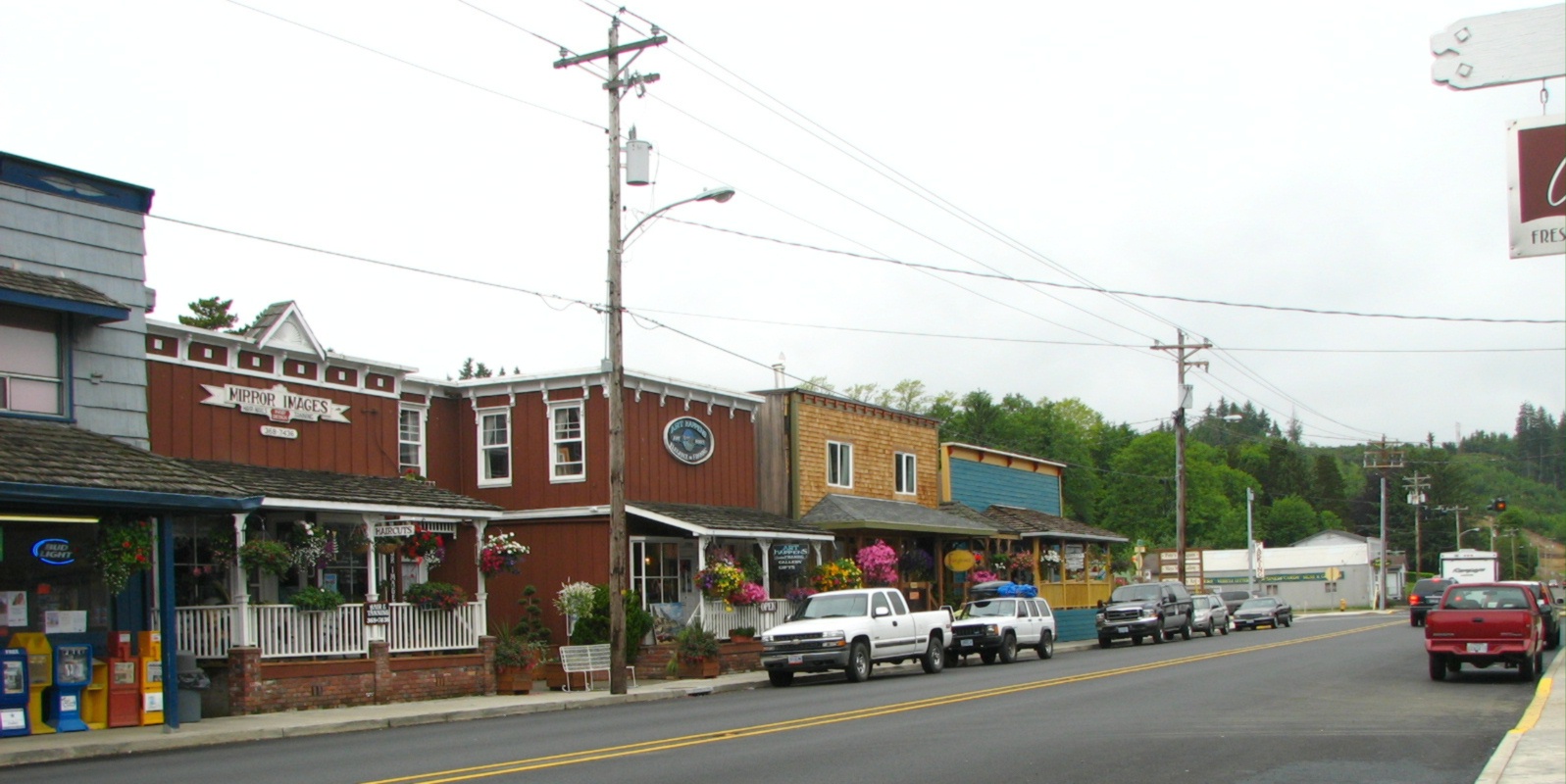 The central business district of Nehalem, Oregon, United States, looking east along Highway 101, June 17, 2007.