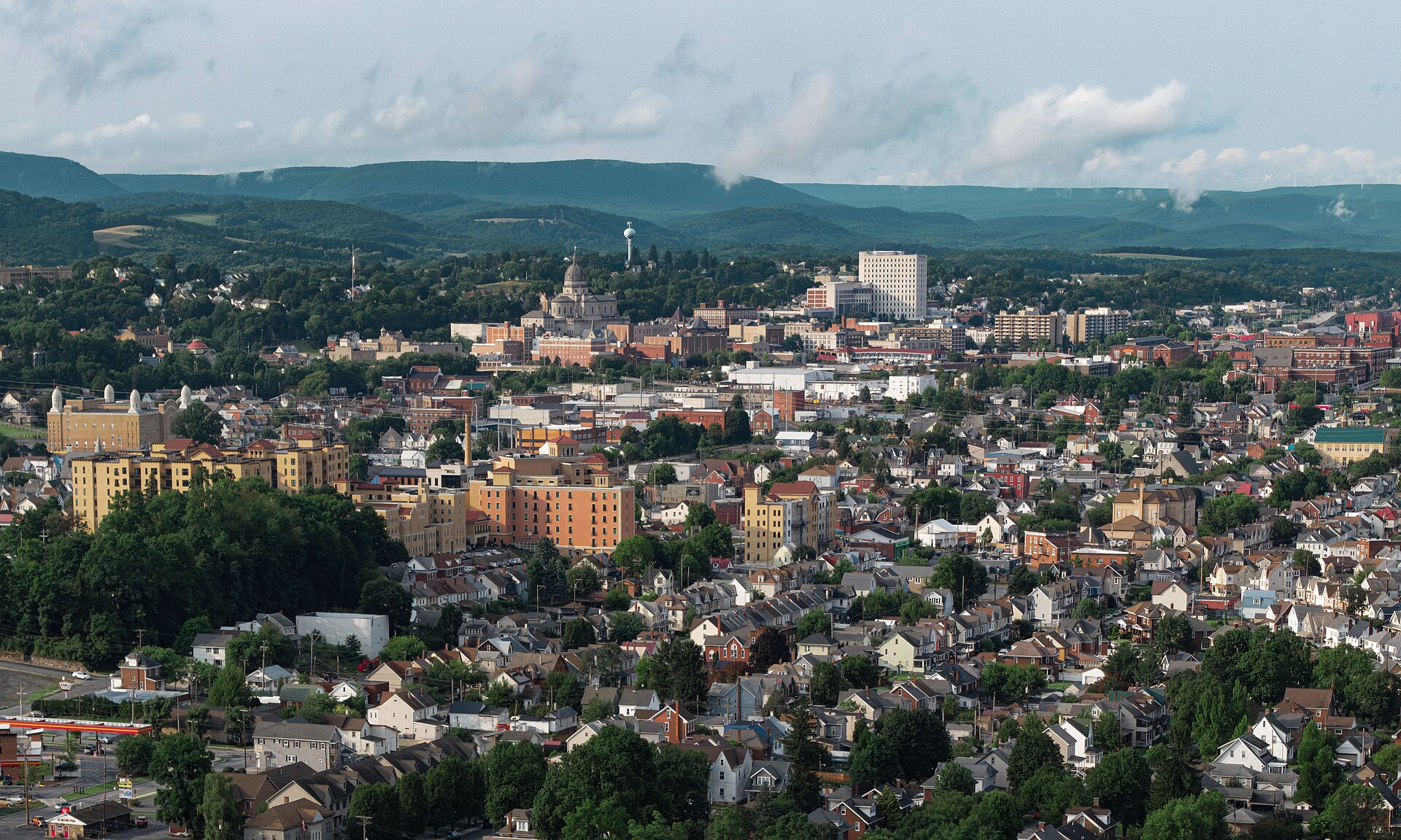 Aerial view of Altoona, Pennsylvania, a city of 43,963 residents developed as a major Pennsylvania Railroad center and today serving as a regional hub for healthcare, retail and education.