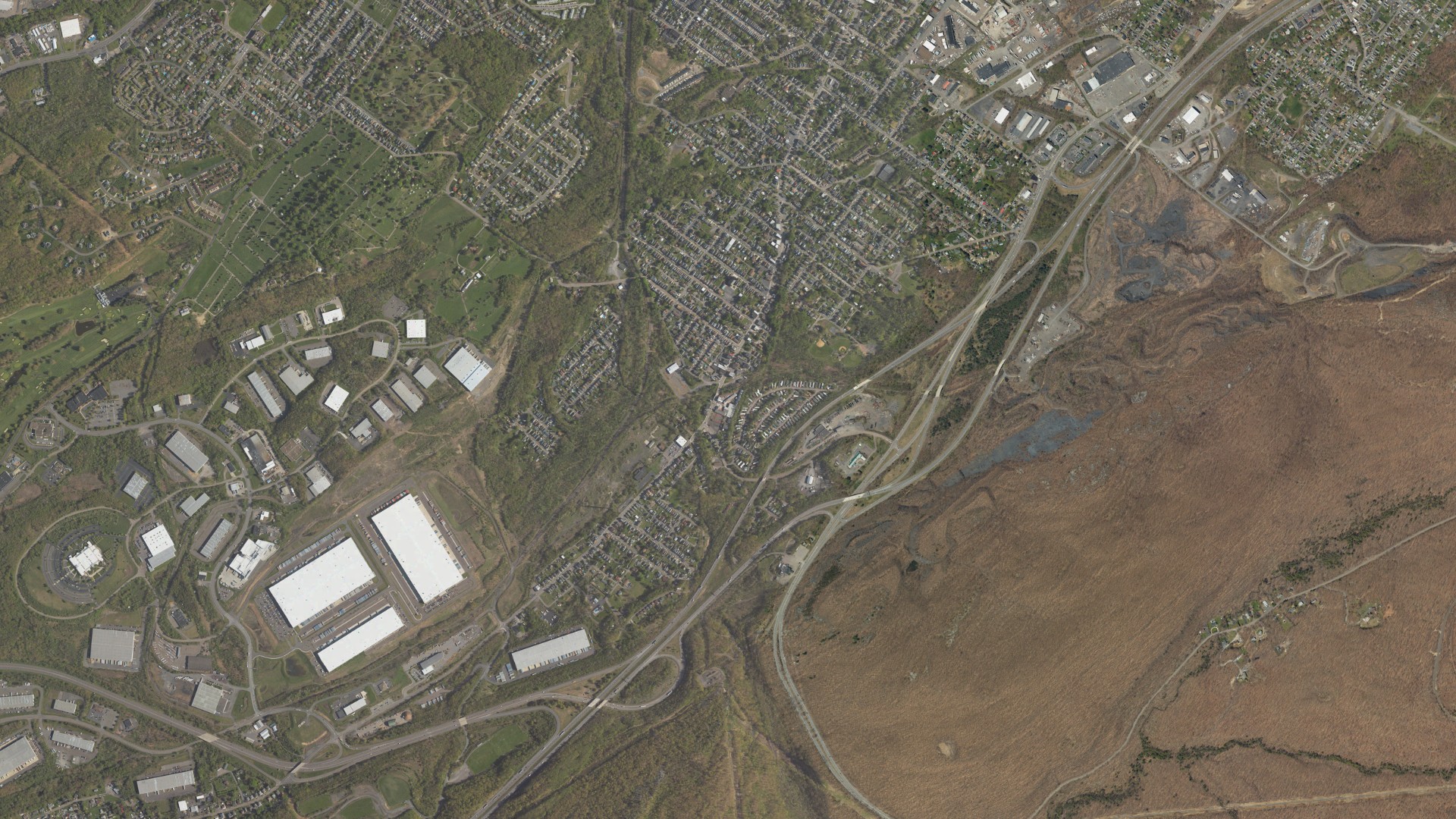 Natural-color aerial photograph of land around Ashley, Pennsylvania