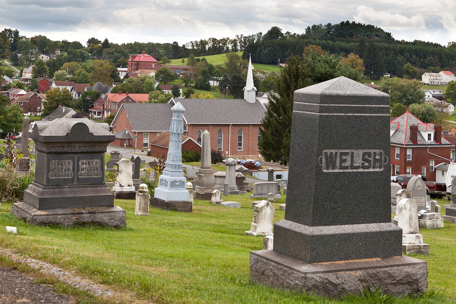 Beallsville Historic District, seen from the Beallsville Cemetery, with the Methodist-Episcopal Church just beyond, and much of the rest of the district in the background. — Pennsylvania