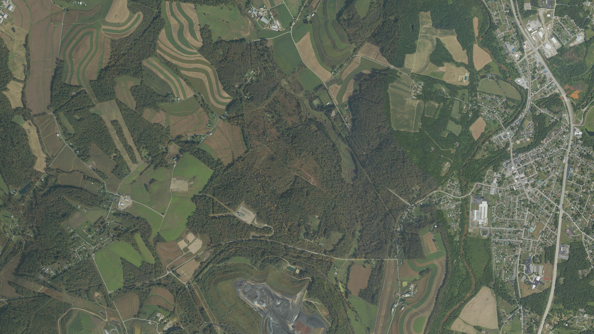 Aerial view of land around Center, Pennsylvania