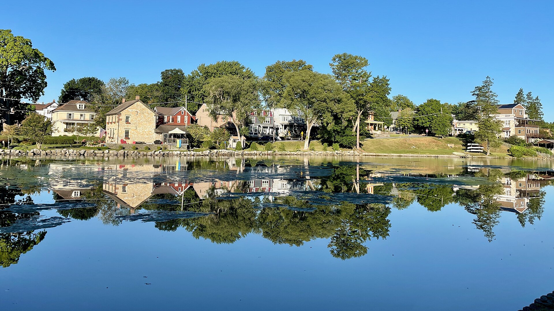View of Children's Lake and several historic buildings in the Boiling Springs Historic District at Boiling Springs, Pennsylvania.