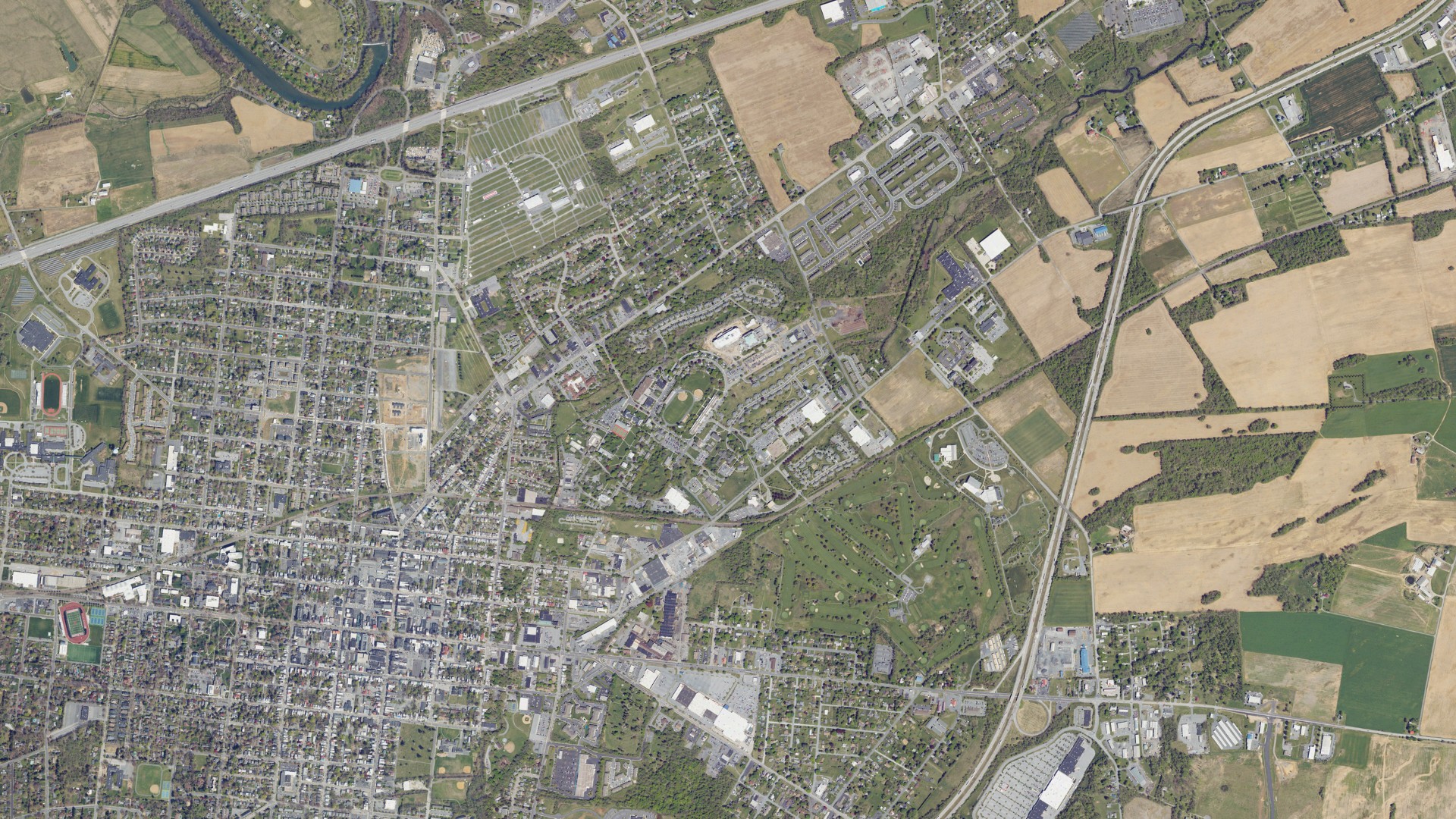 Natural-color aerial photograph of land around Carlisle Barracks, Pennsylvania