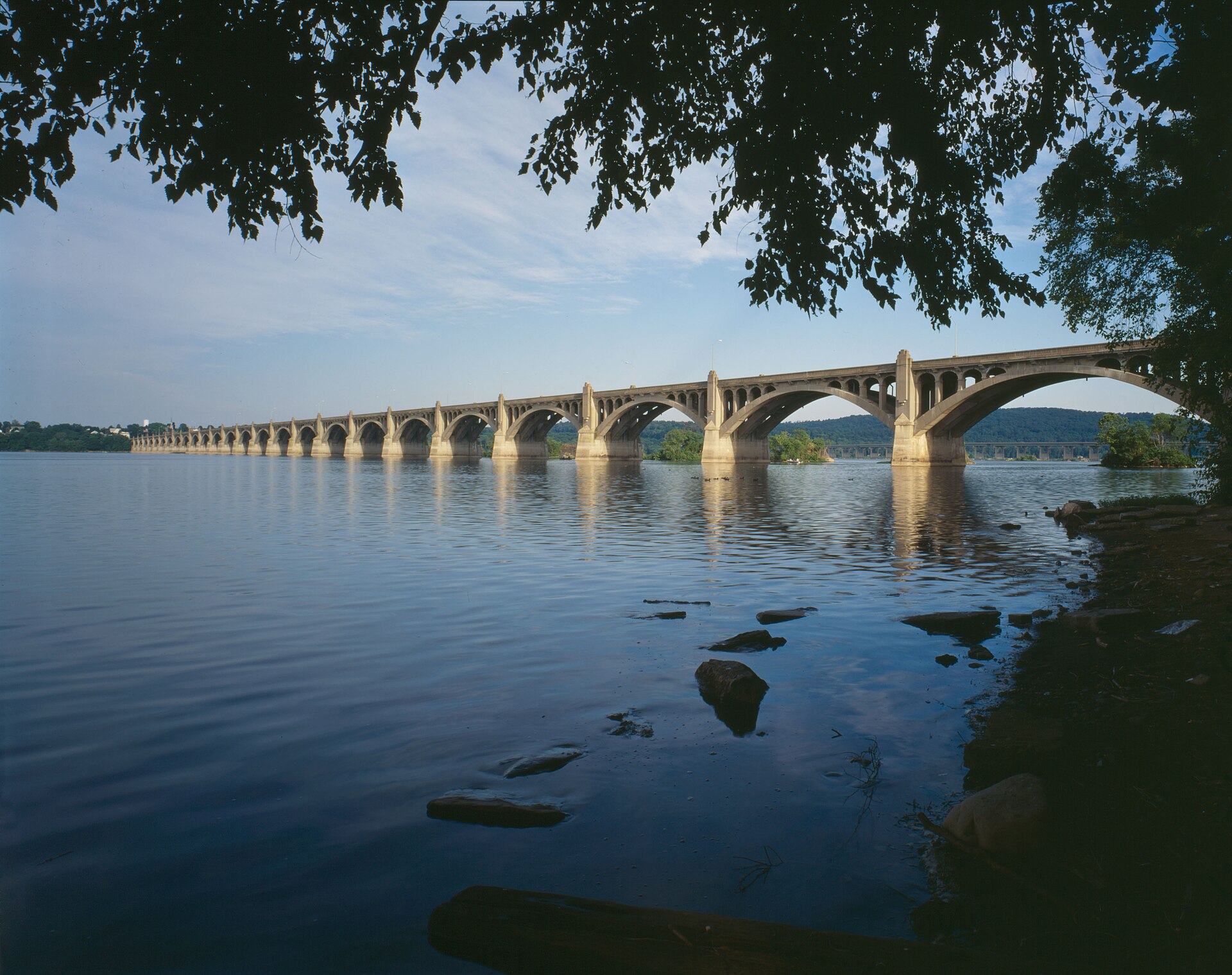 Columbia-Wrightsville Bridge between Columbia and Wrightsville, Pennsylvania. Taken summer 1997 by Joseph Elliott, "3/4 view from southwest".