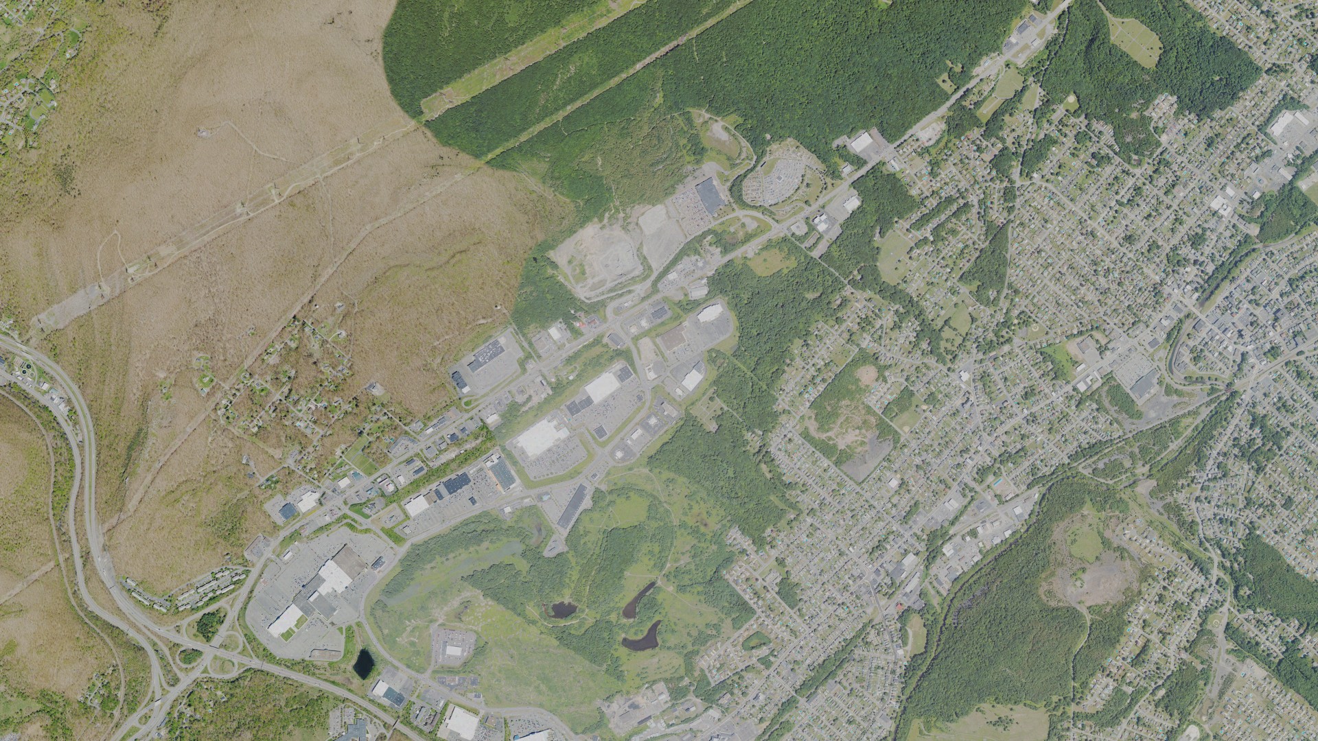 Natural-color aerial photograph of land around Dickson City, Pennsylvania