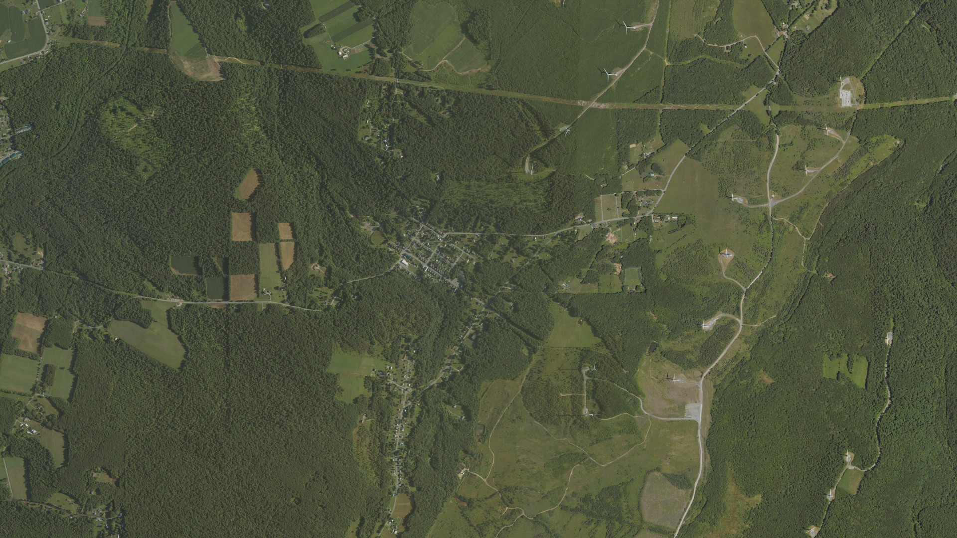 Natural-color aerial photograph of land around Dunlo, Pennsylvania