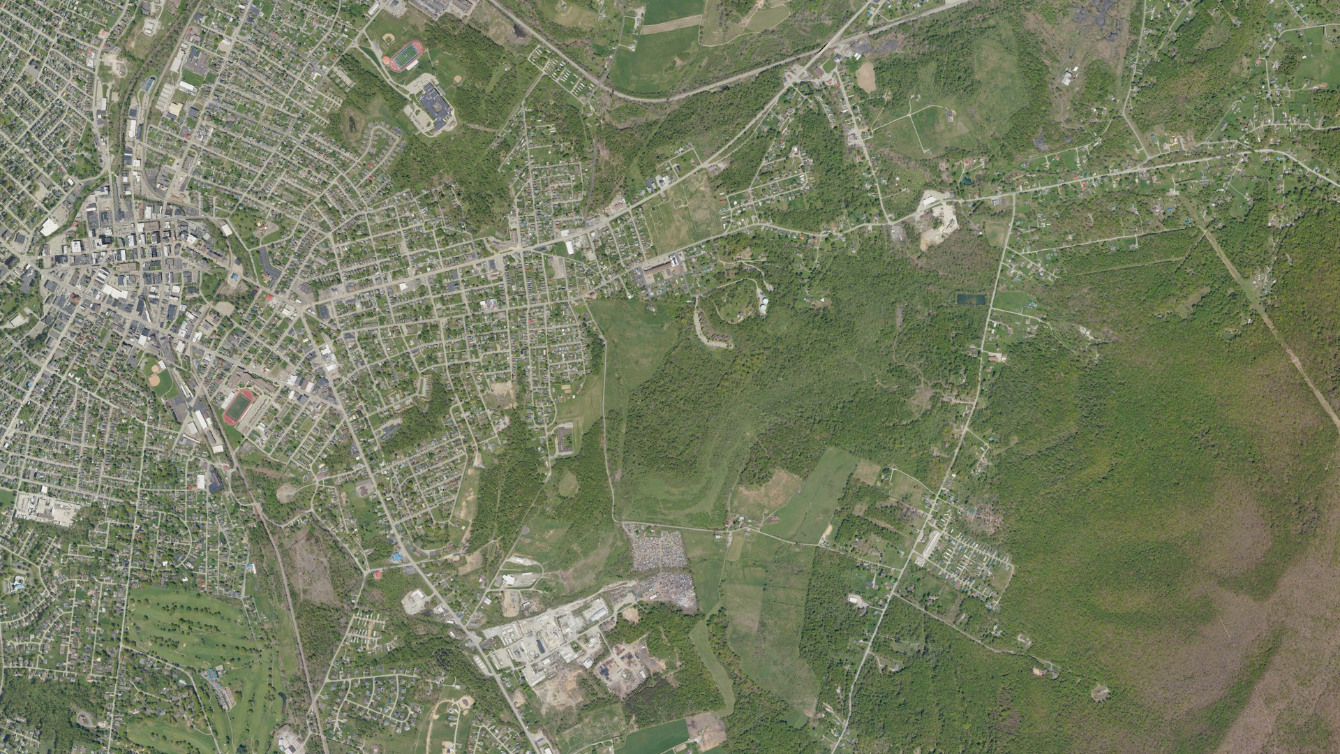 Natural-color aerial photograph of land around East Uniontown, Pennsylvania