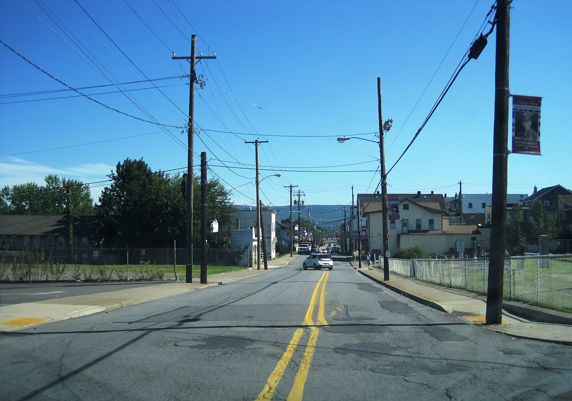 Photo of southbound Main Street in Edwardsville, Pennsylvania. Photo taken looking southwest at Church Street.