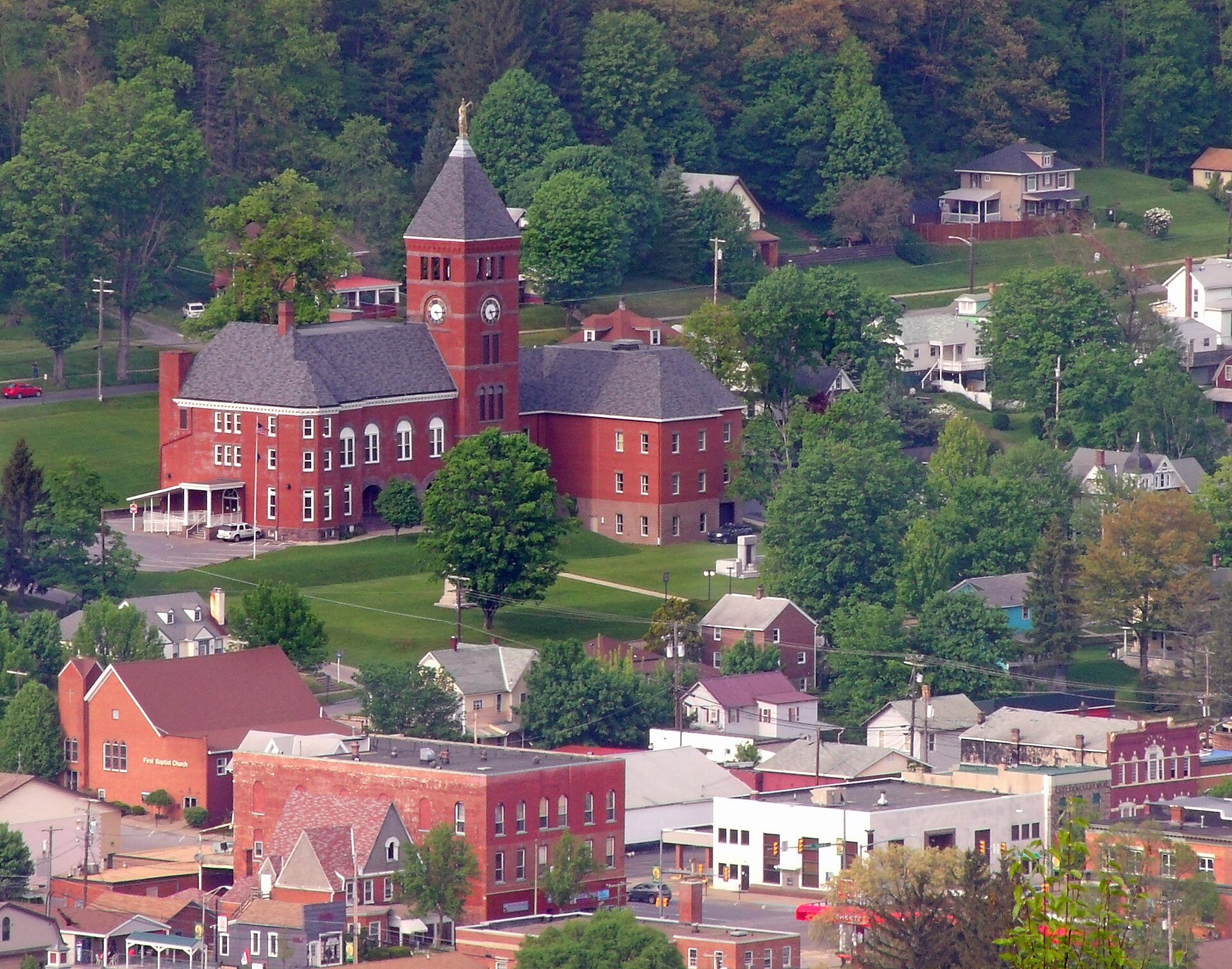 Zoomed-in view of Emporium, the seat of Cameron County, Pennsylvania, USA from the Whittimore Road vista