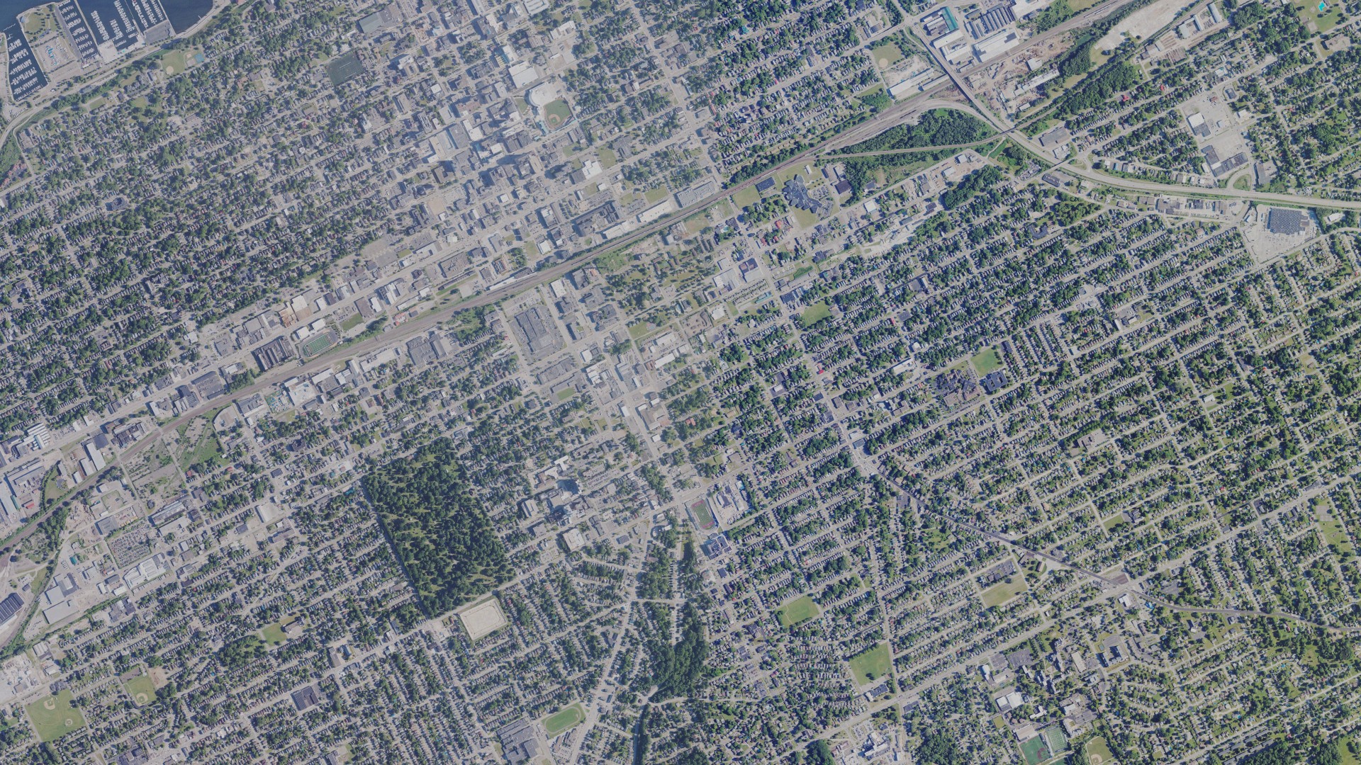 Natural-color aerial photograph of land around Erie, Pennsylvania