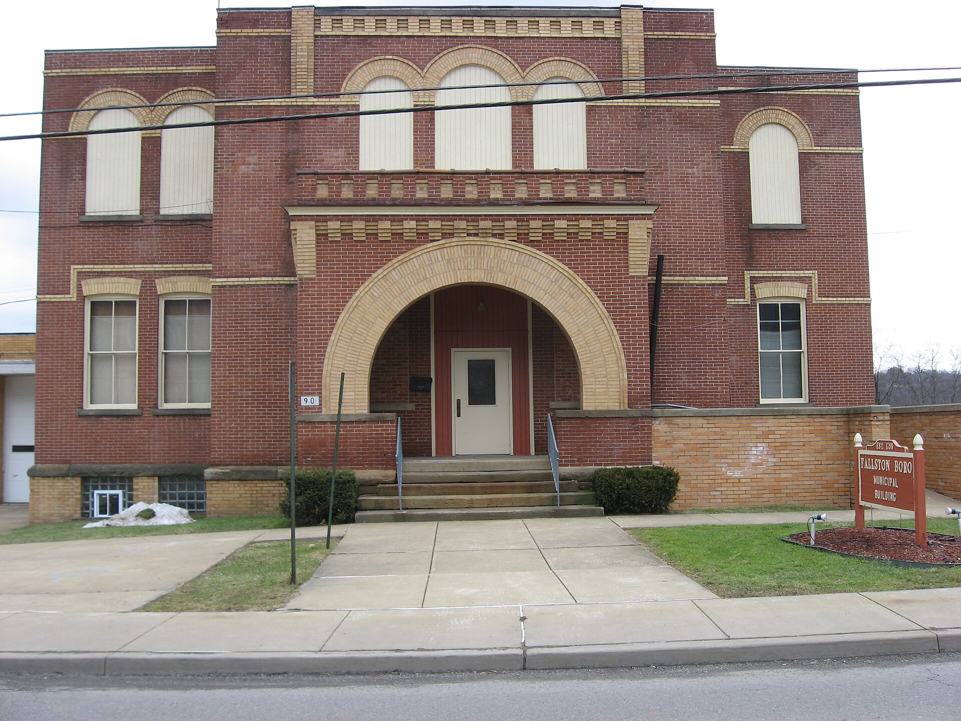 Streetside view of the municipal building of Fallston, a borough in Beaver County, Pennsylvania, United States. Building is located at 90 Beaver St. in northern Fallston.