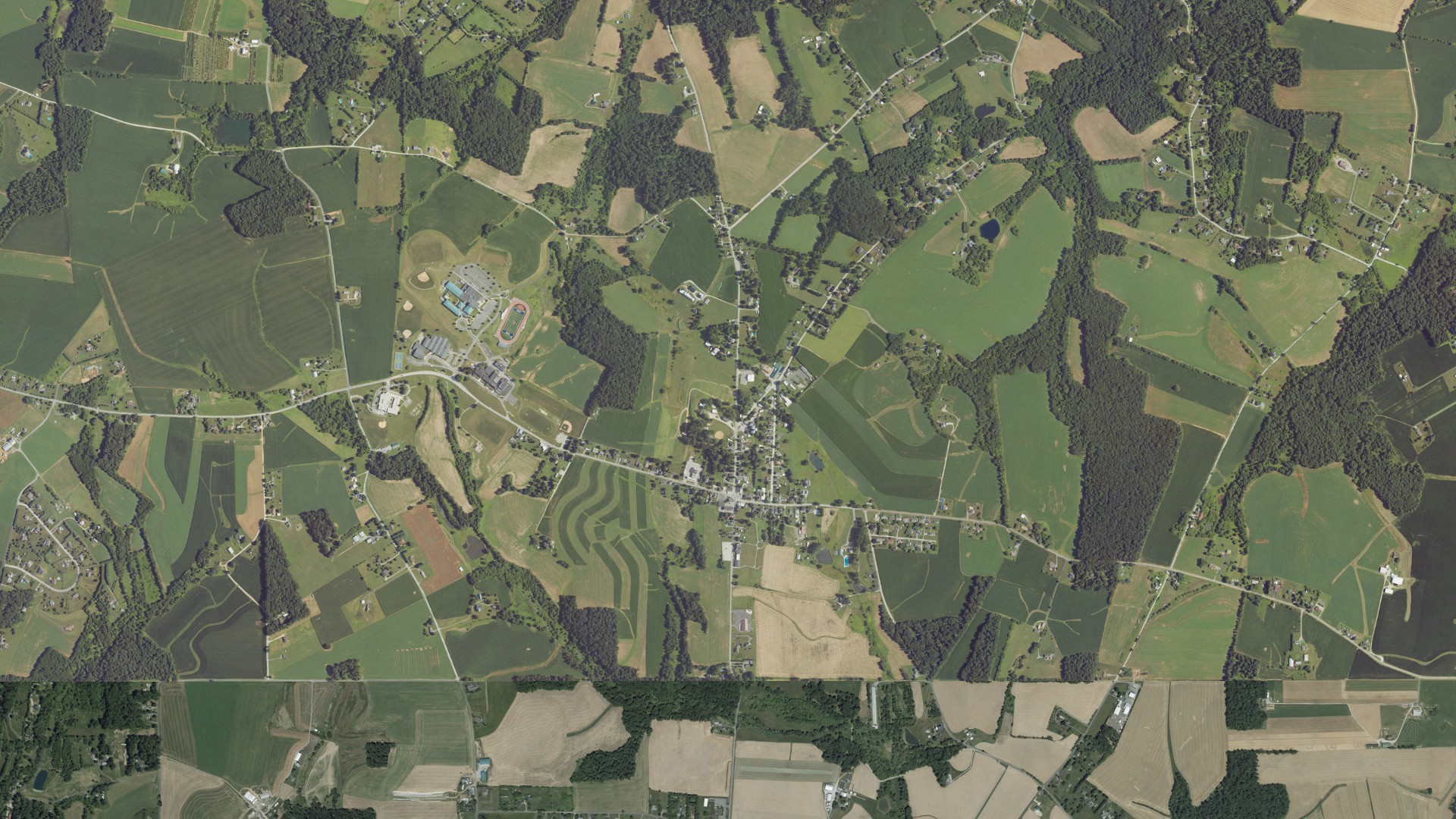 Natural-color aerial photograph of land around Fawn Grove, Pennsylvania