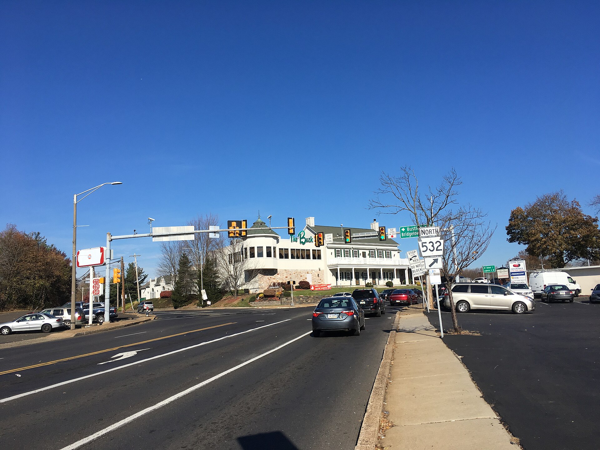 Northbound Pennsylvania Route 532 at the split from Bustleton Pike and the turn into Bridgetown Pike in Feasterville, Pennsylvania