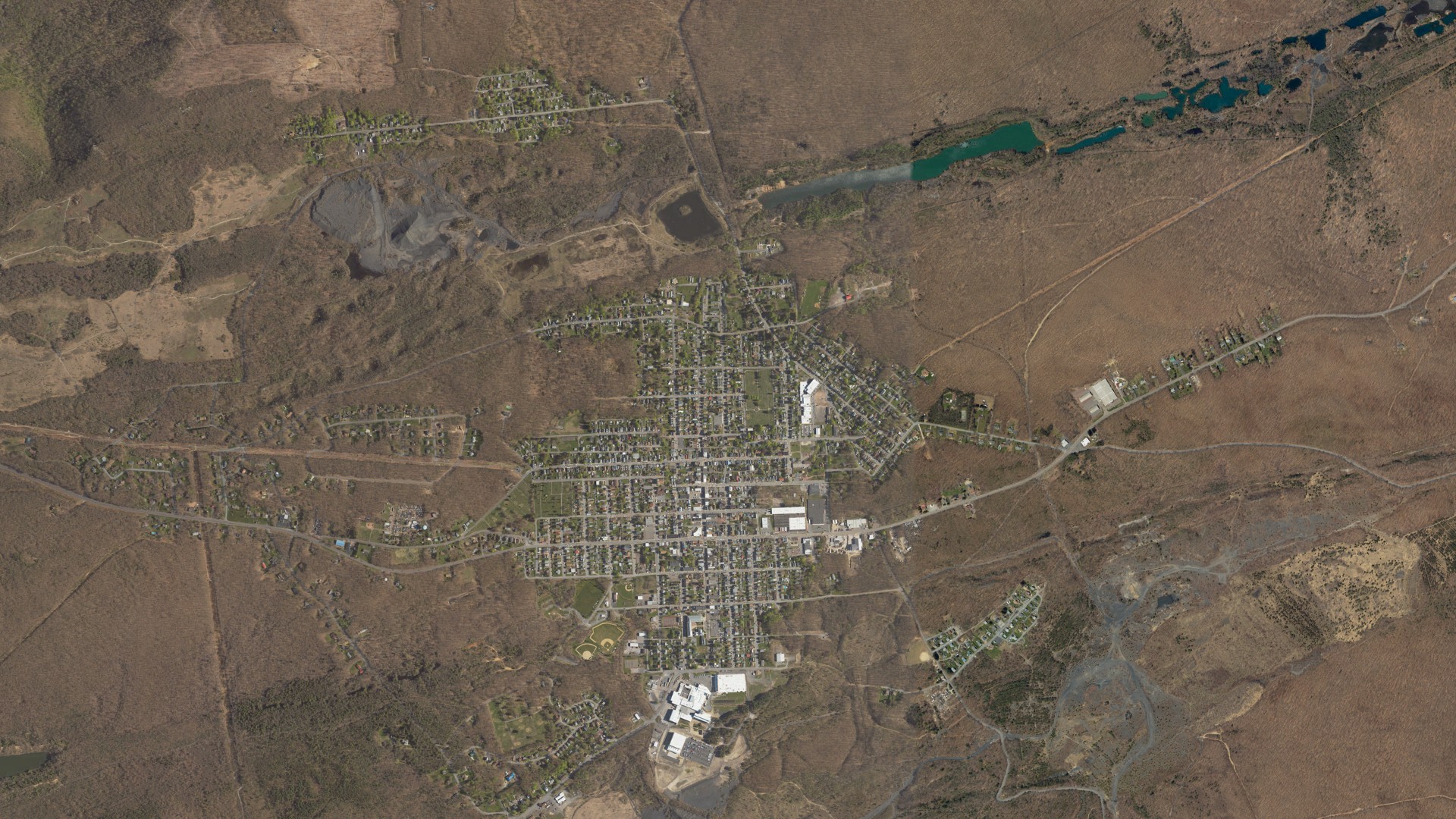 Natural-color aerial photograph of land around Freeland, Pennsylvania