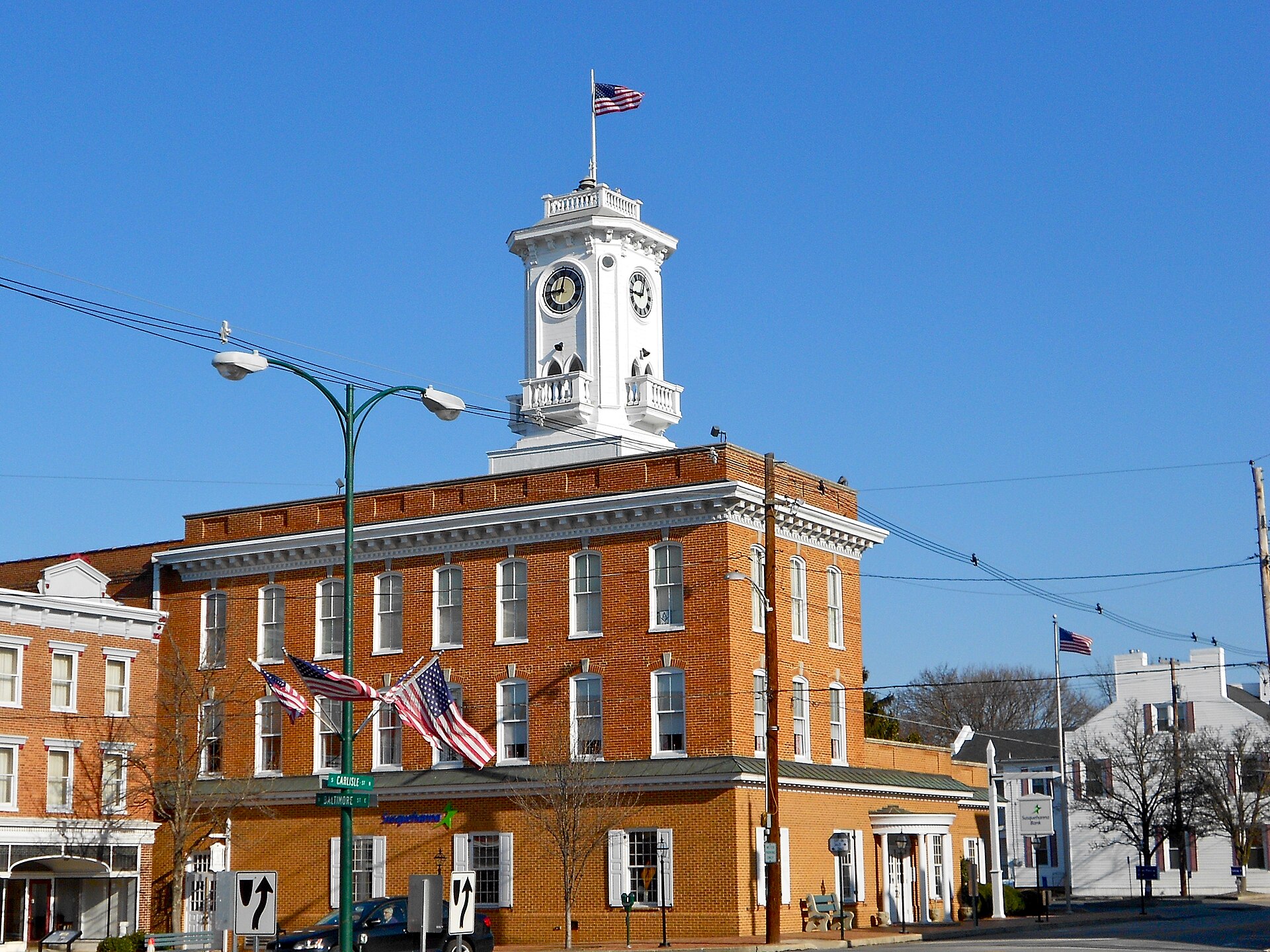 Town Hall on the town square in Greencastle, Pennsylvania at the corner of Carlisle and Baltimore (SR 16).