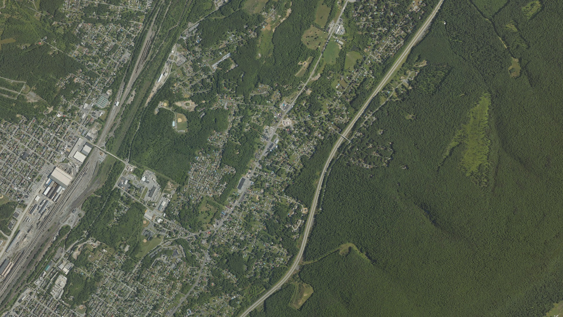 Natural-color aerial photograph of land around Greenwood, Pennsylvania