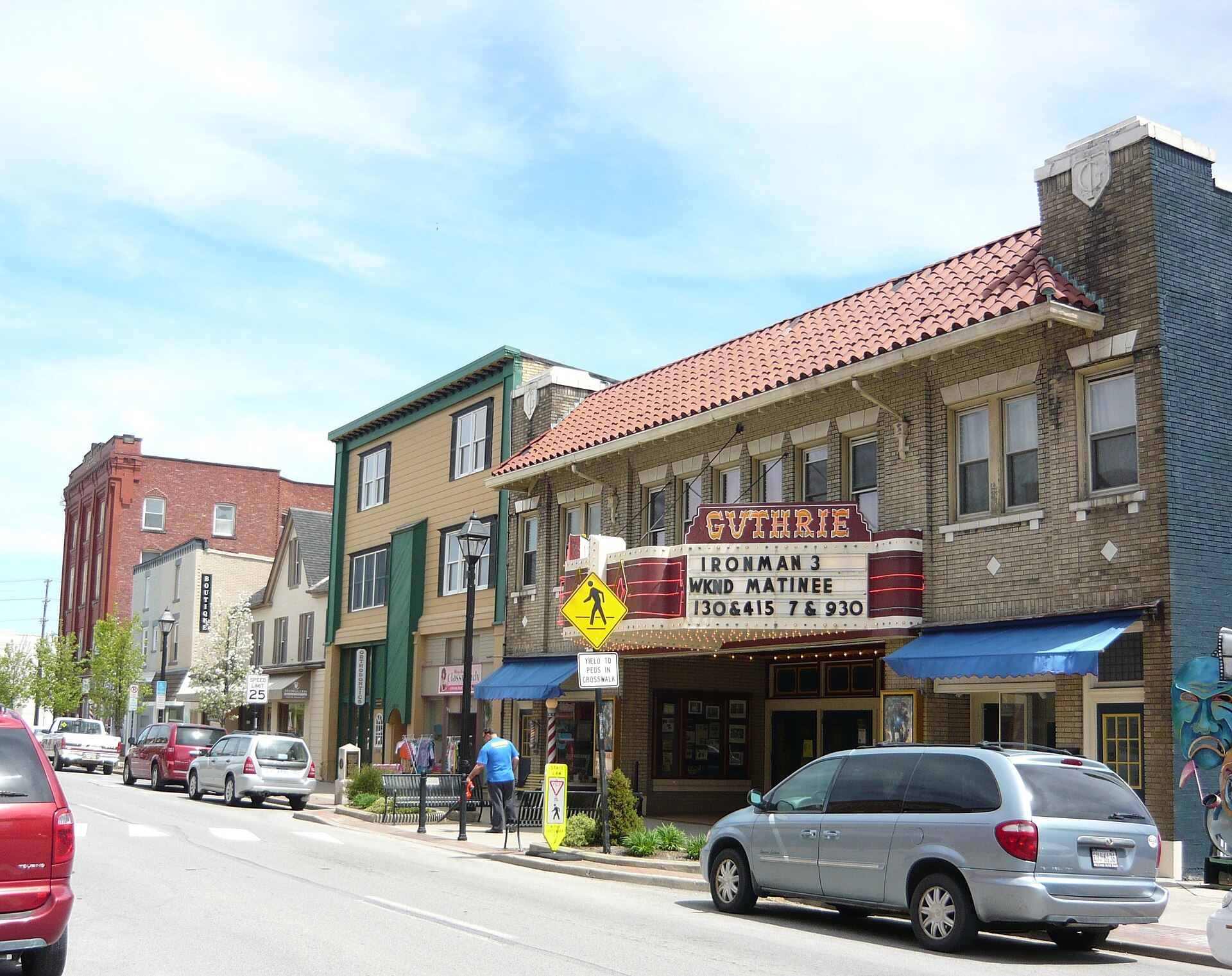 Business district of Grove City, Mercer County, Pennsylvania. Looking northward on South Main Street. The theater is the Guthrie Theater, 232 South Broad Street, built 1927.