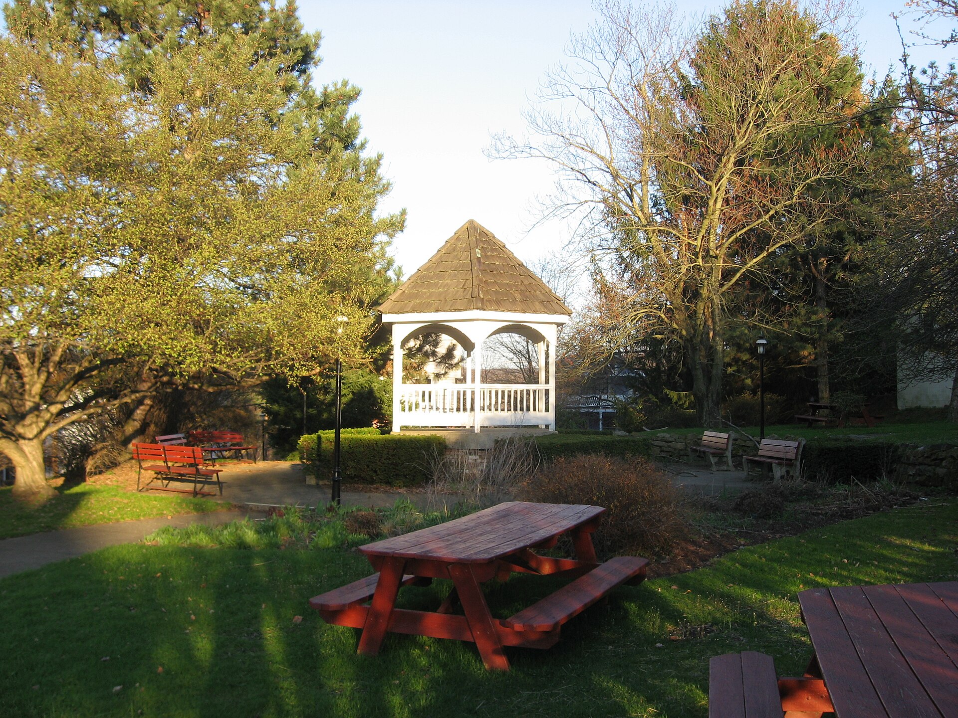 Gazebo and picnic tables in the central park of Homewood, Pennsylvania, United States.