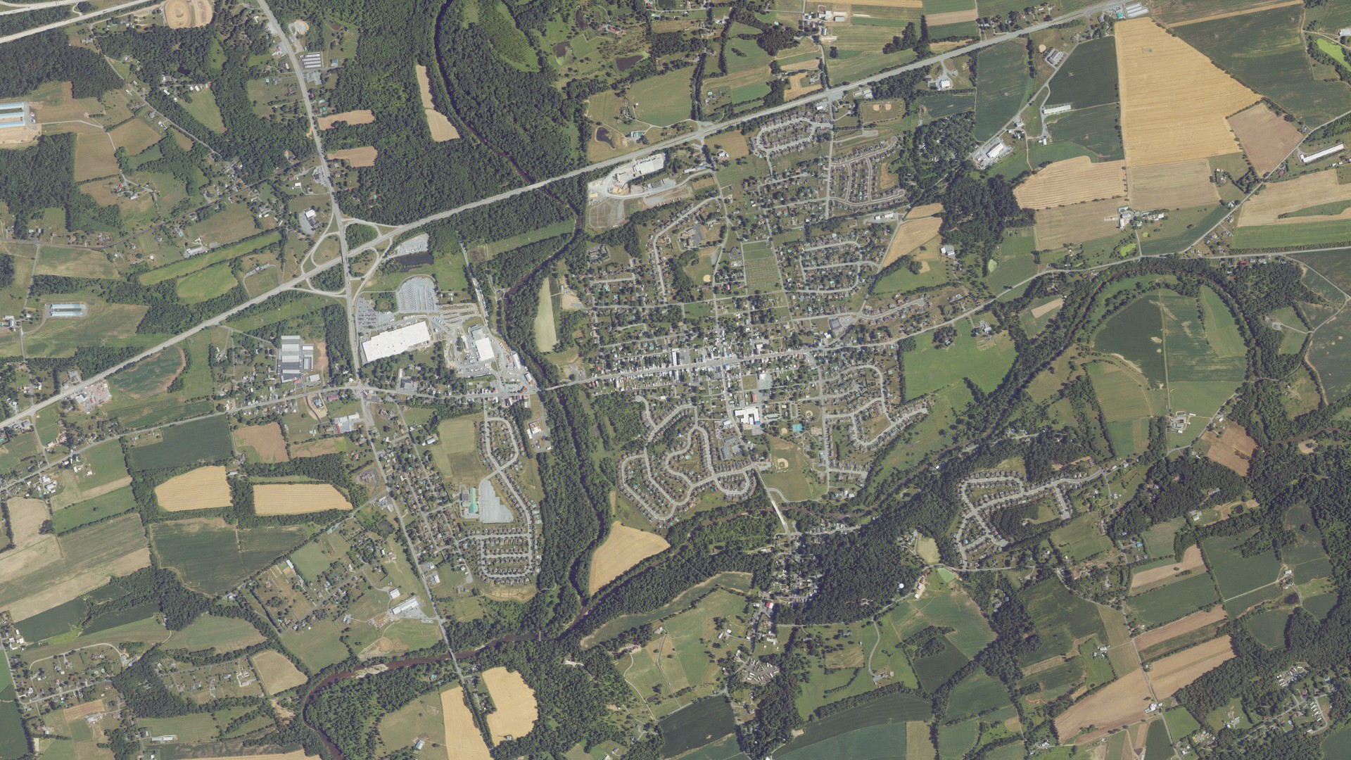 Aerial view of land around Jonestown, Pennsylvania
