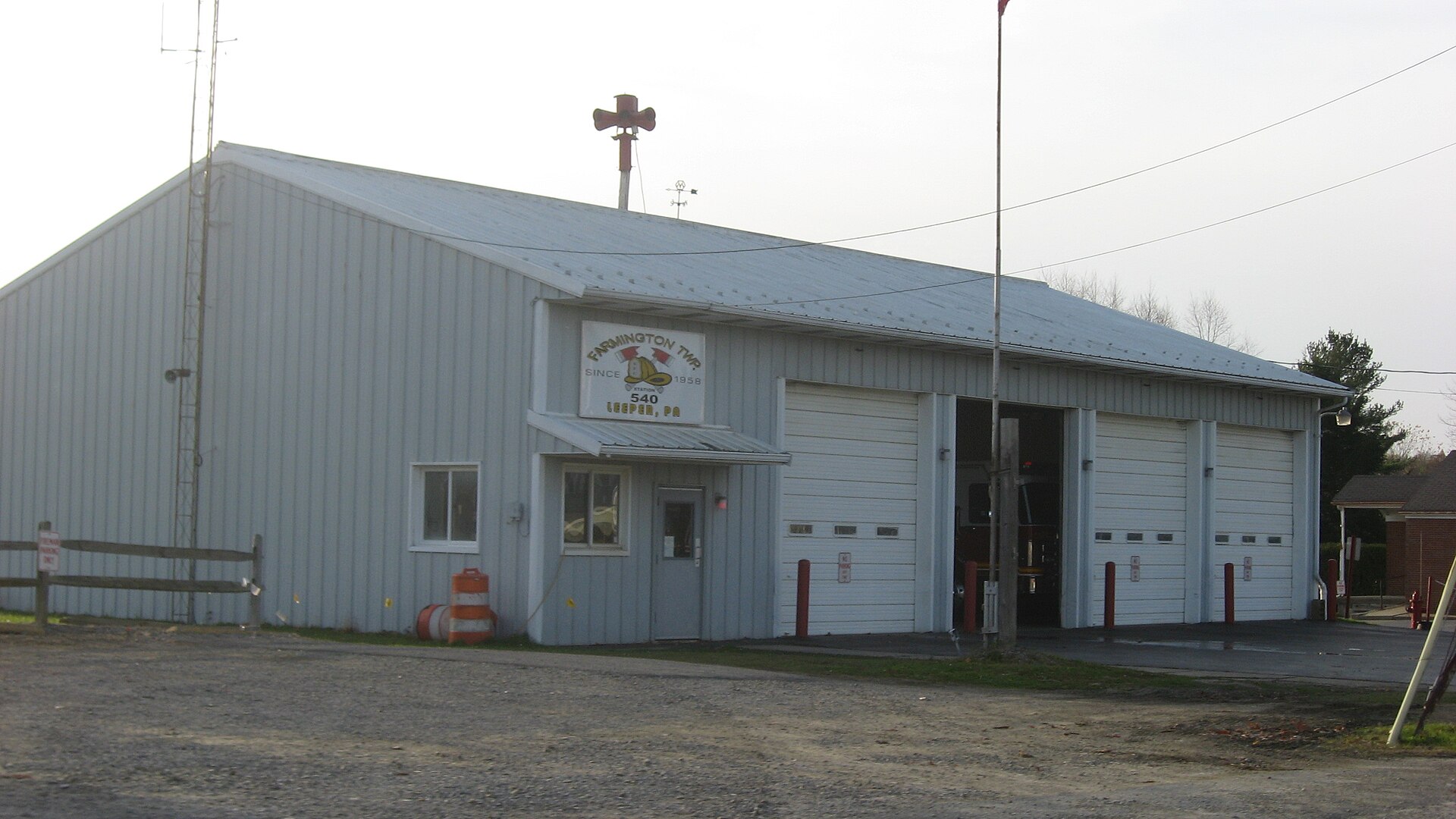 Front of the Farmington Township fire hall, located on Pennsylvania Route 36 in Leeper, Pennsylvania, United States.