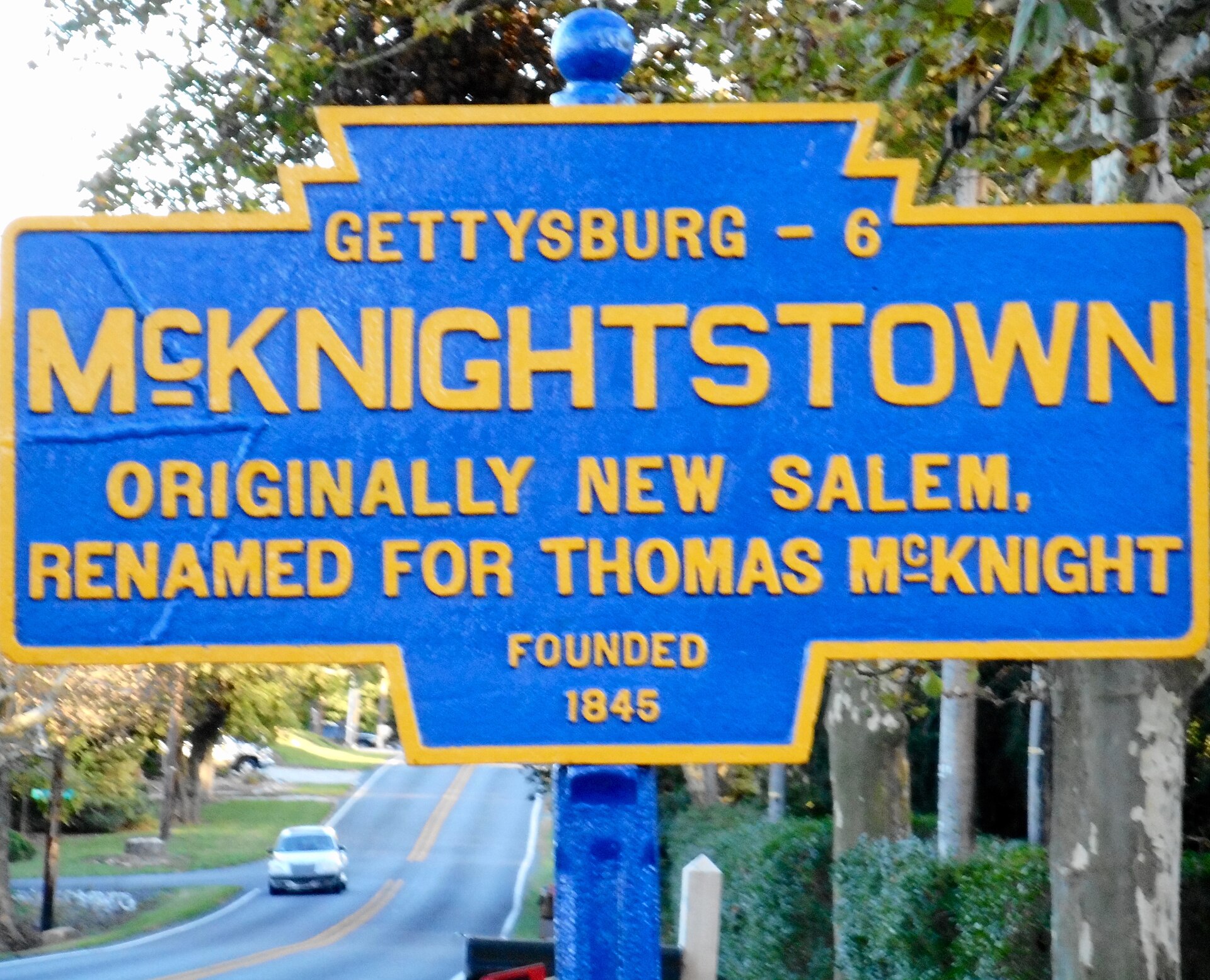 Keystone Marker for McKnightstown, Adams County, Pennsylvania looking east on old Lincoln Highway toward Gettysburg