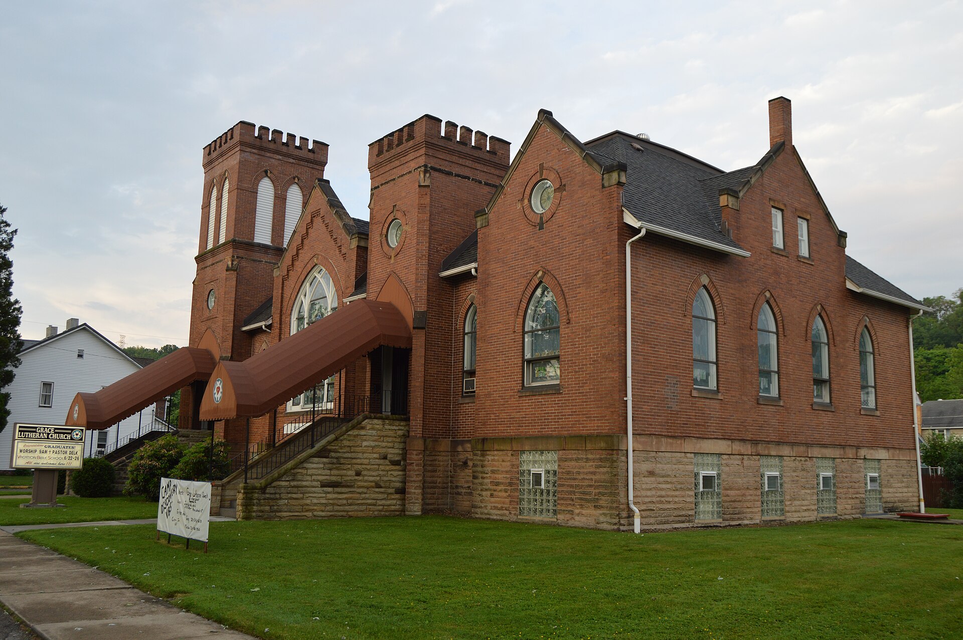 Front and southern side of Grace Lutheran Church, located at the junction of Water and Manor Streets in Manorville, Pennsylvania, United States.