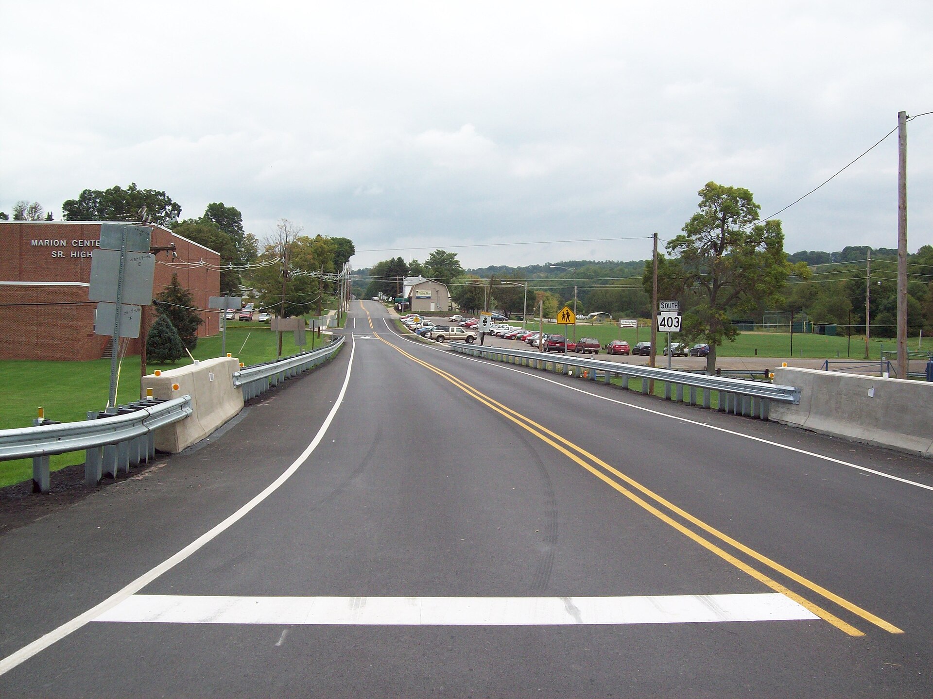 Photograph of Marion Center, Pennsylvania, as seen from the intersection of Main Street and Rt. 119. The local high school can be seen at far left.