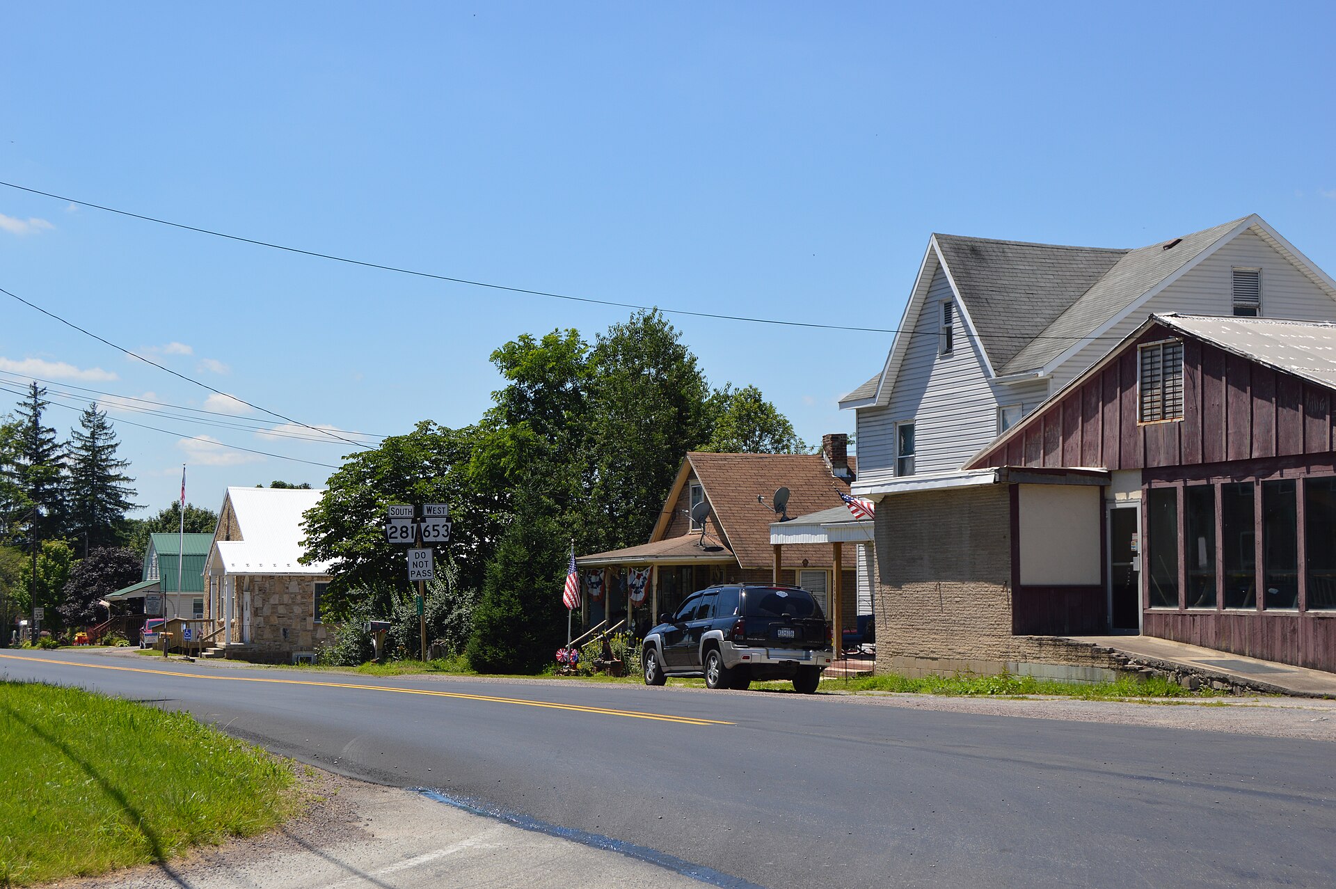 Buildings in the borough of New Centerville, Pennsylvania, United States, looking west on Kingswood Road (Pennsylvania Routes 281/653) from Bridge Street.