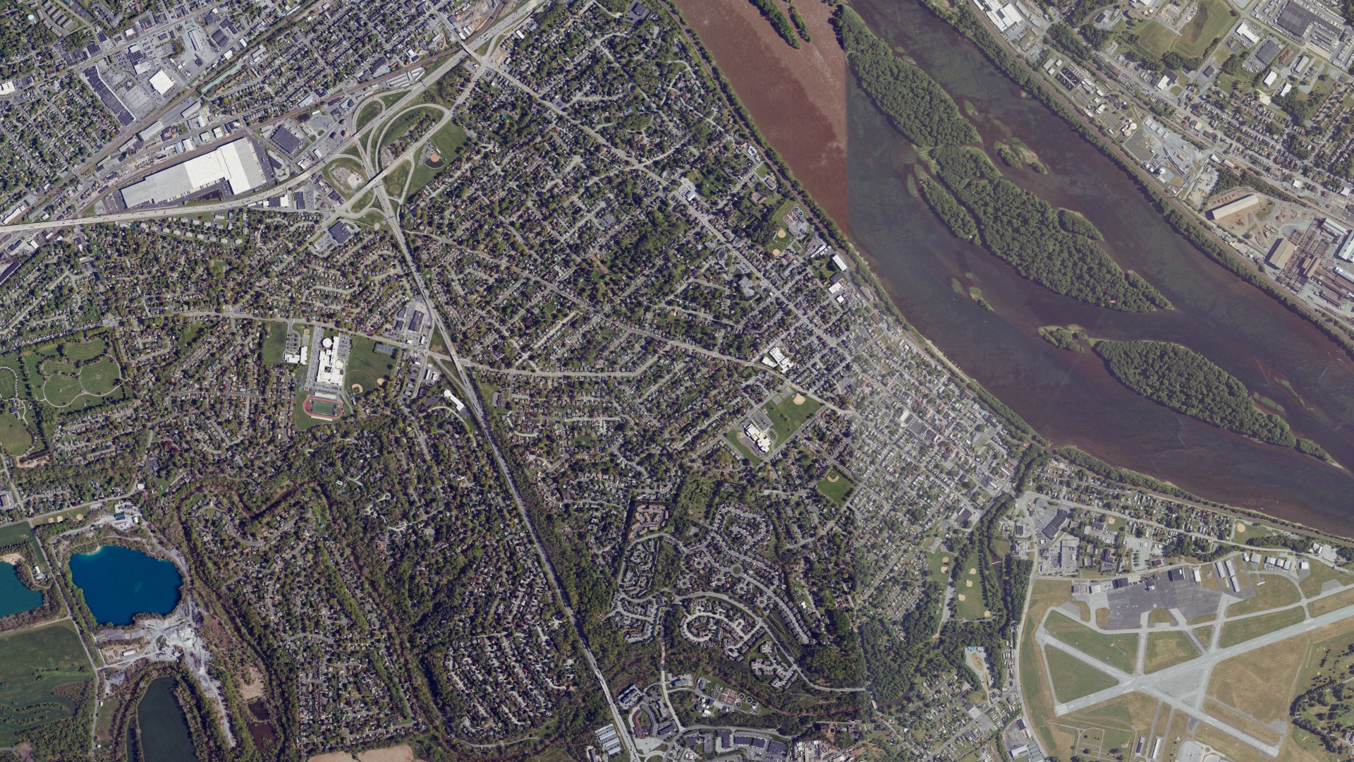 Natural-color aerial photograph of land around New Cumberland, Pennsylvania