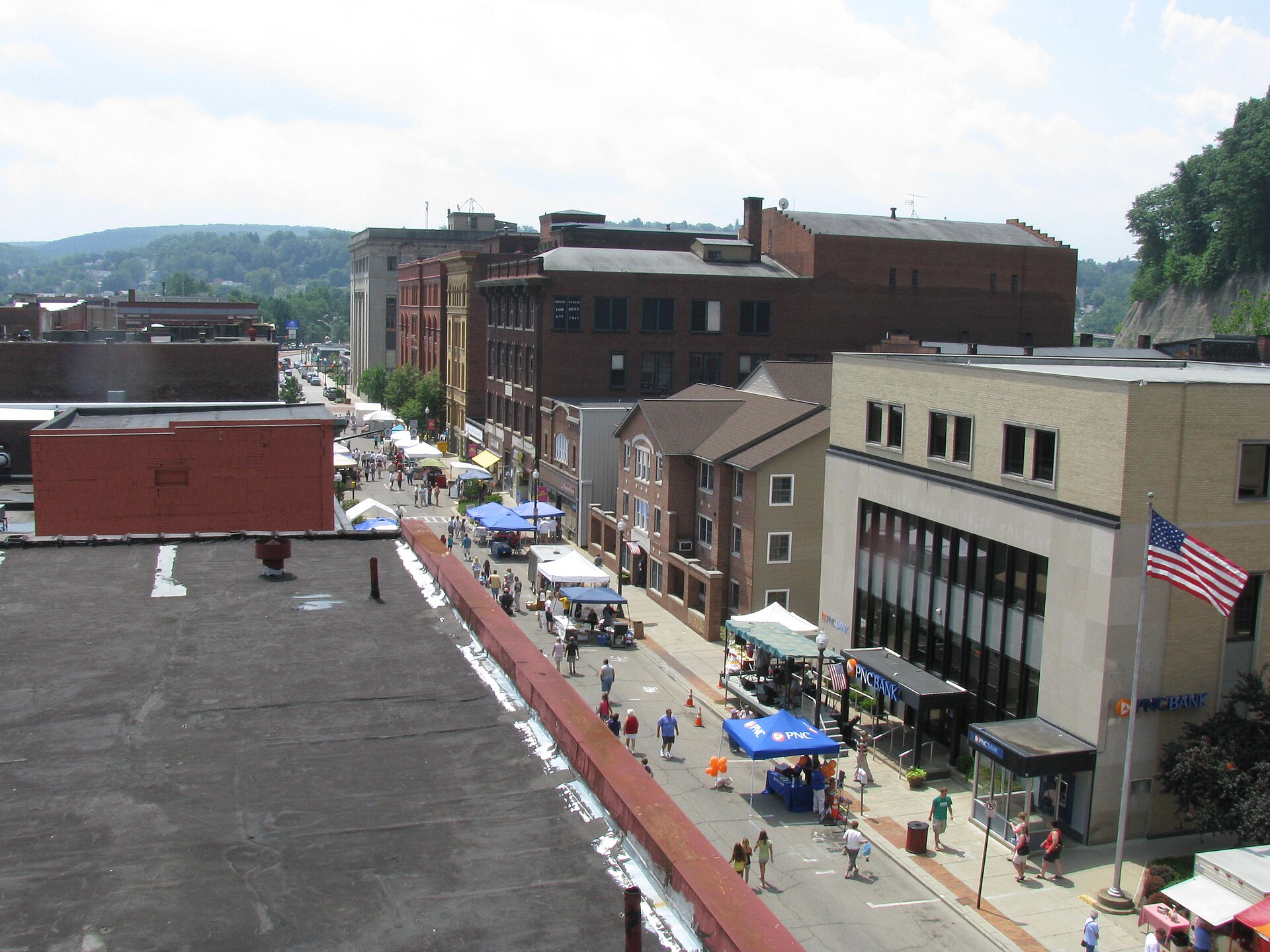 Overhead view of buildings in Pennsylvania's Oil City Downtown Commercial Historic District.