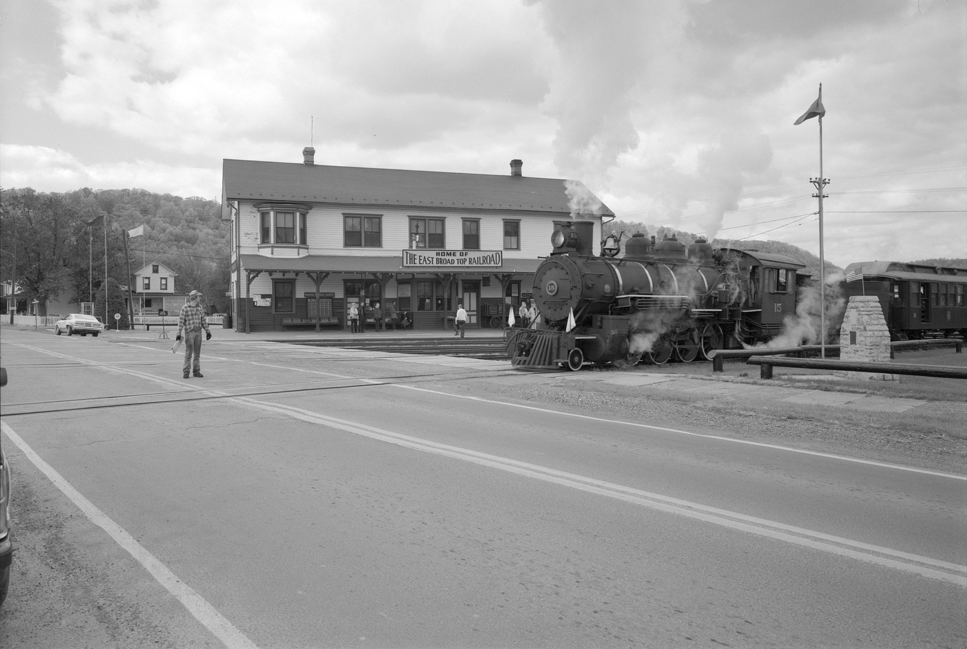 East Broad Top Railroad & Coal Co. 2-8-2 steam locomotive #15 in front of the railroad's Orbisonia Depot. — Pennsylvania