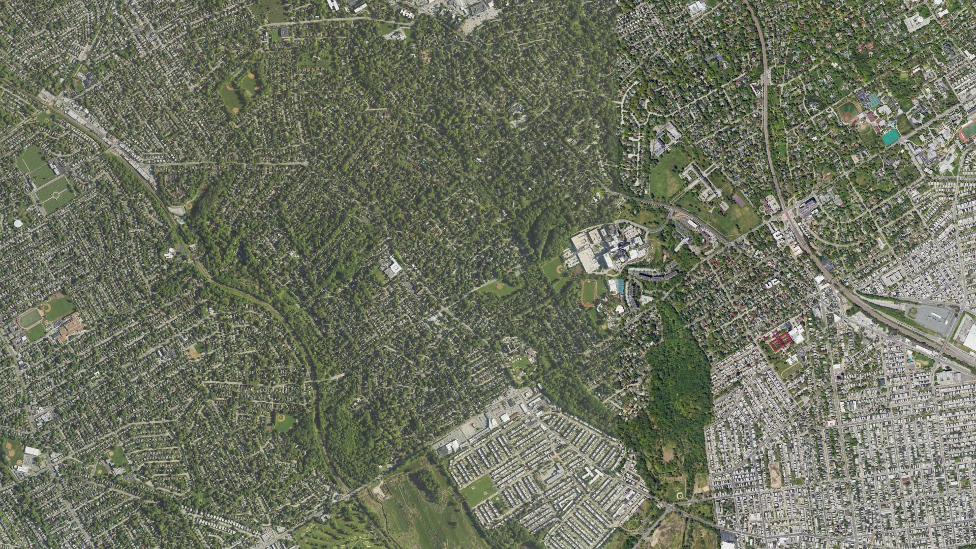 Natural-color aerial photograph of land around Penn Wynne, Pennsylvania