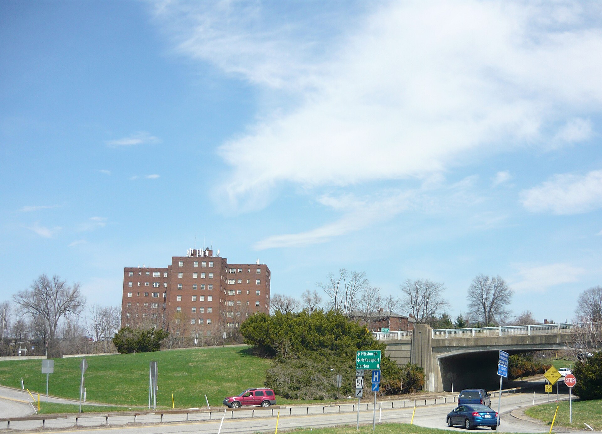 Pleasant Hills Cloverleaf, built 1939, showing Curry Hollow Road (lower level) with Clairton Boulevard (Route 51) on the overpass, in Pleasant Hills, Allegheny County, Pennsylvania.