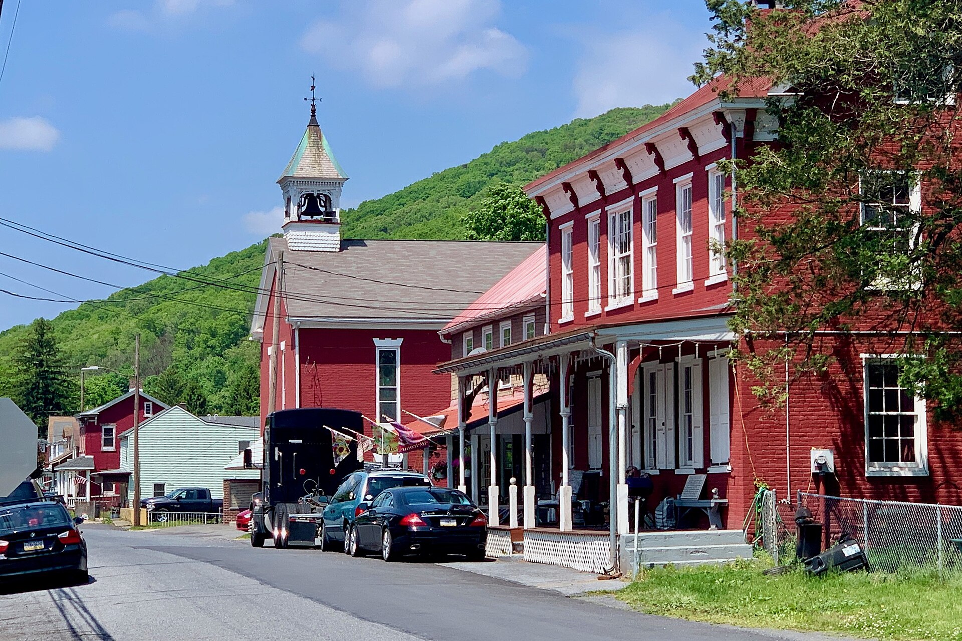 View looking north along Penn Street in Port Clinton, Pennsylvania. St. John’s Church is in the center.