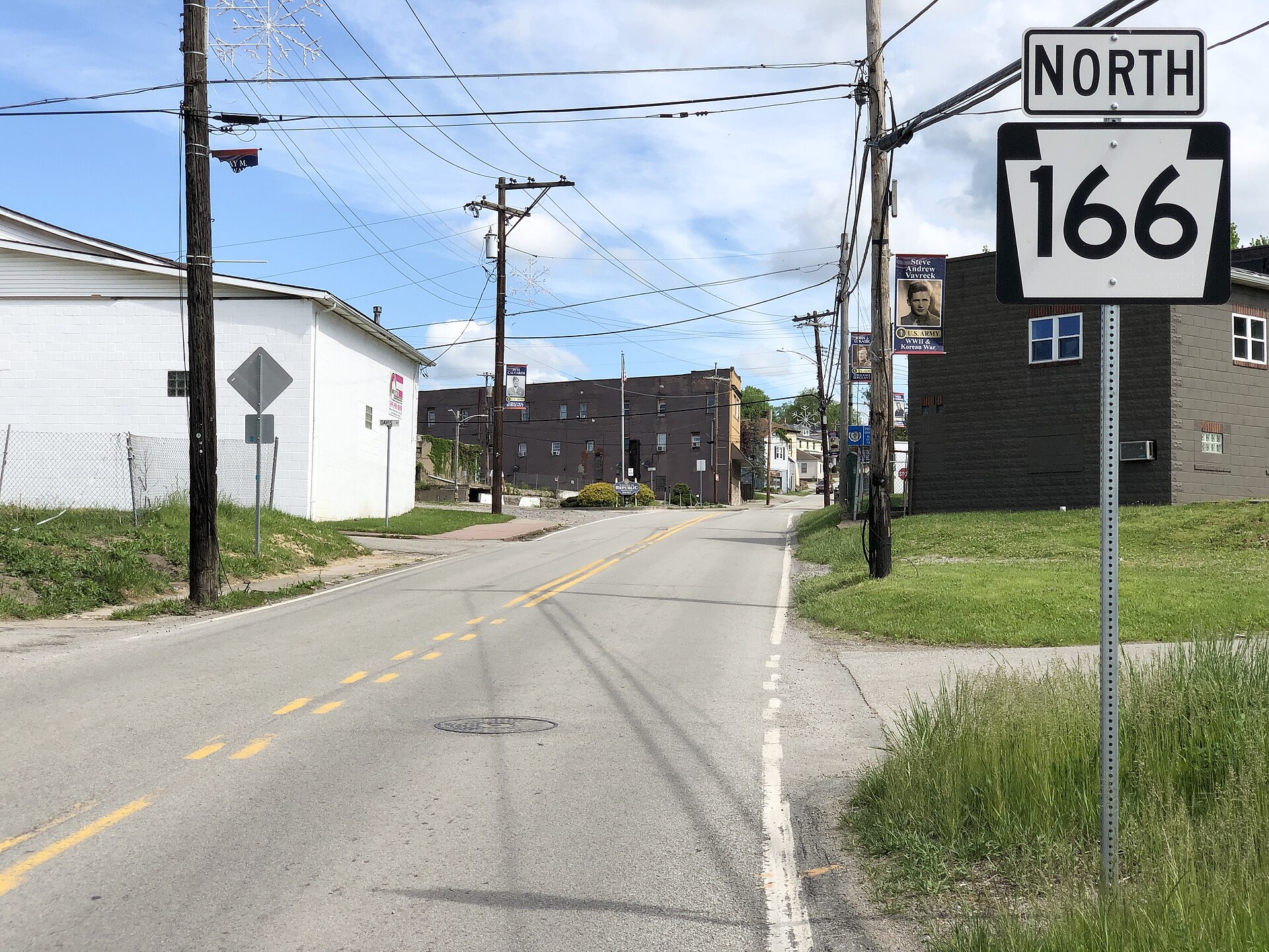View north along Pennsylvania State Route 166 (Republic Road) at Degrogery Circle in Redstone Township, Fayette County, Pennsylvania