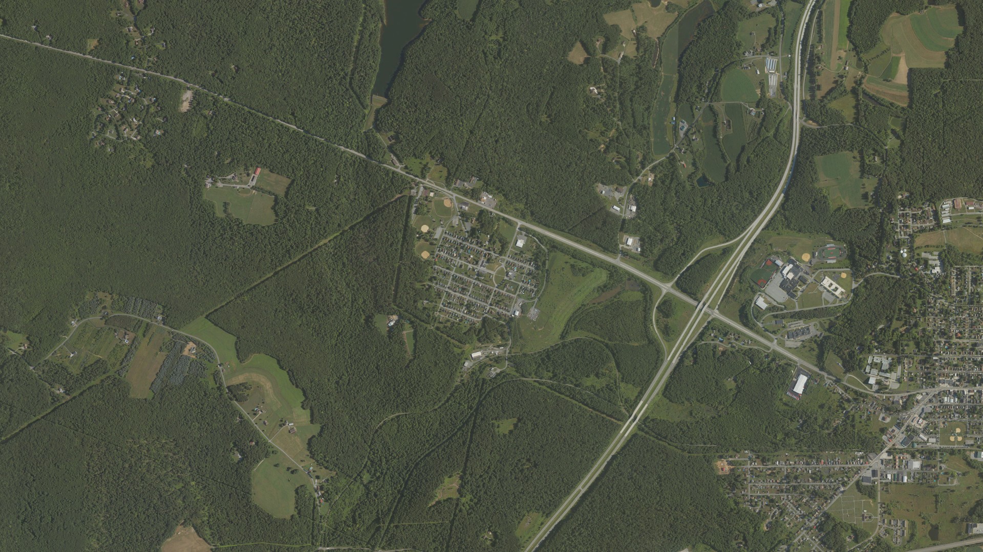 Natural-color aerial photograph of land around Revloc, Pennsylvania