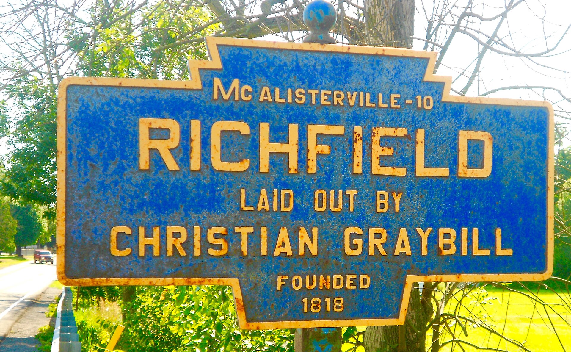 Keystone marker for Richfield, Pennsylvania in Juniata County. It also marks the boundary with Snyder County.