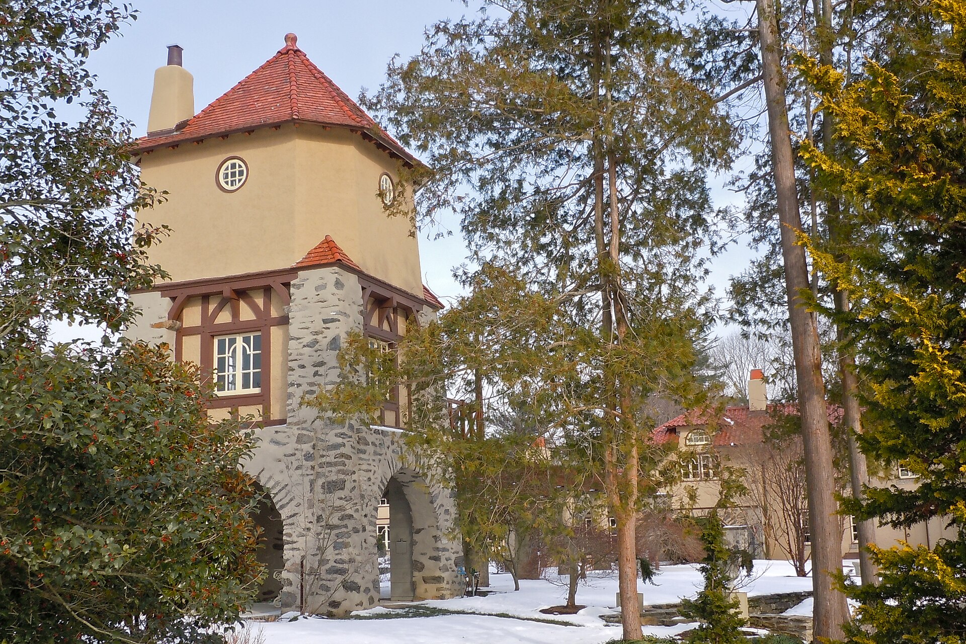 Watertower in Rose Valley Farm (Schoenhaus) in Rose Valley Historic District on the NRHP. Originally built in 1860s? but redesigned by Will Price in 1900s. Renovated in 2009. — Pennsylvania