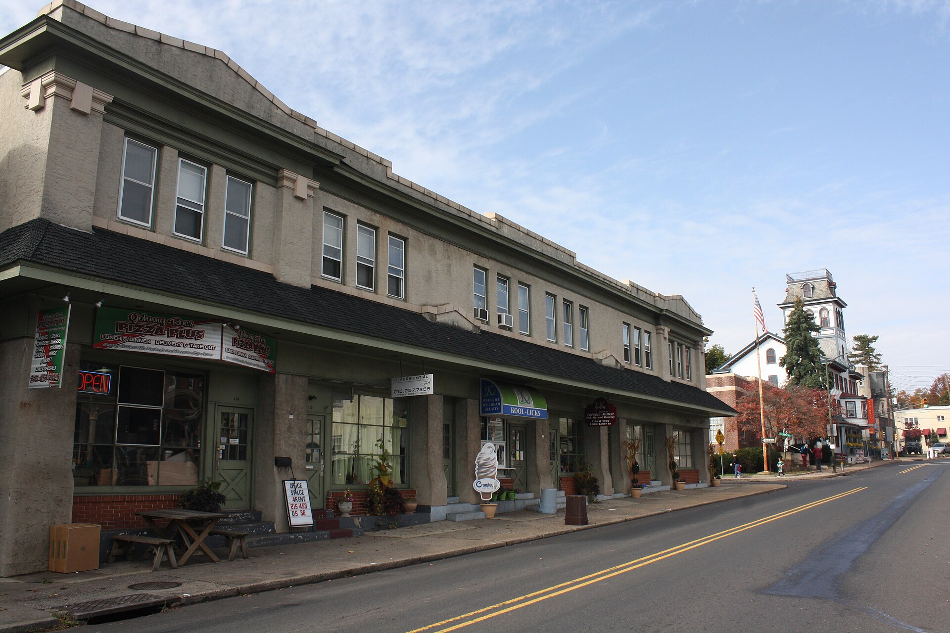 Sellersville, Bucks County, Pennsylvania. View on N. Main St. (Bethlehem Pike, also called Old Route 309). Washington House is visible on far end.