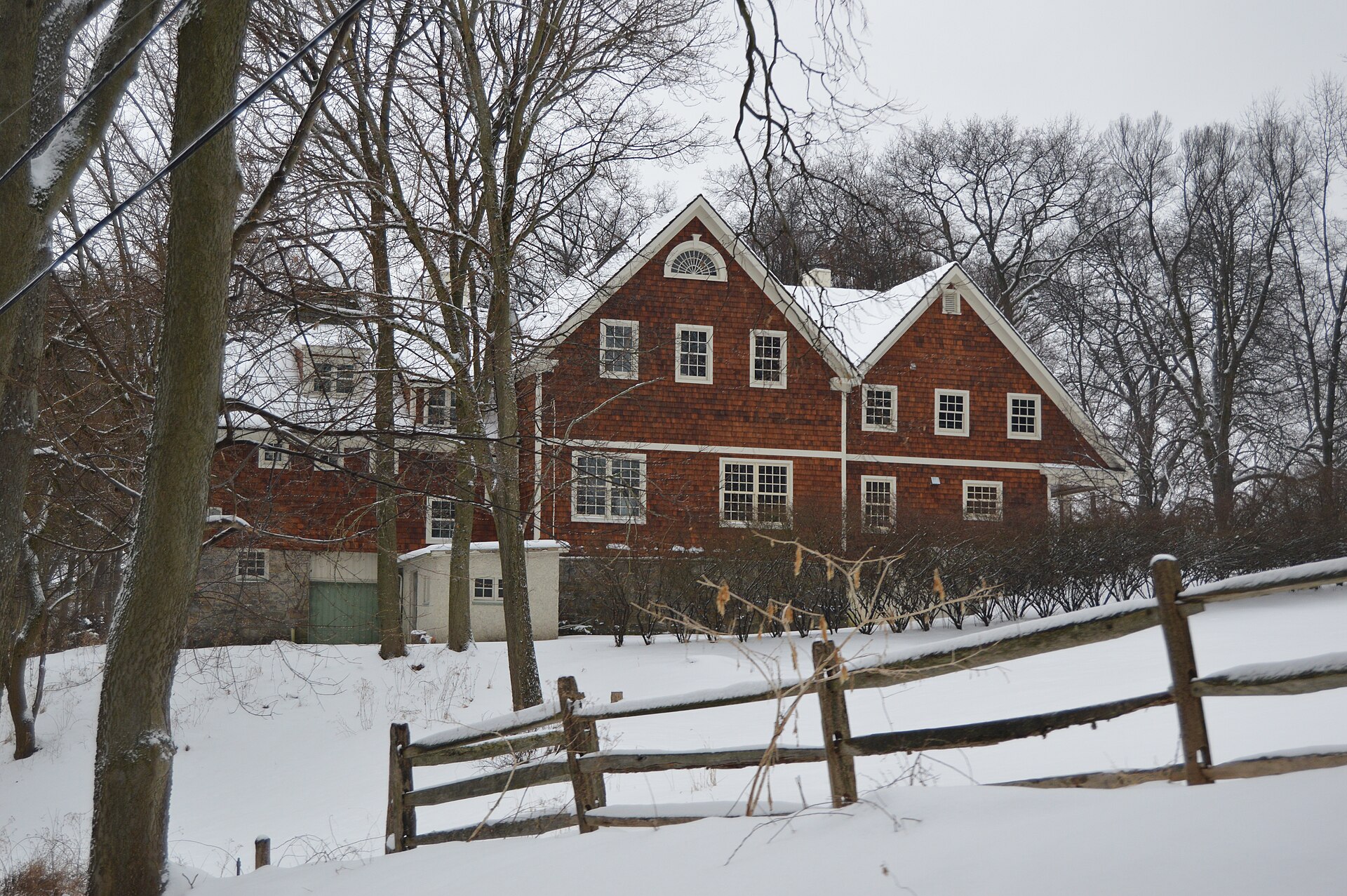 Northern side of a Shingle Style house on Backbone Road in Sewickley Heights, Pennsylvania, United States.