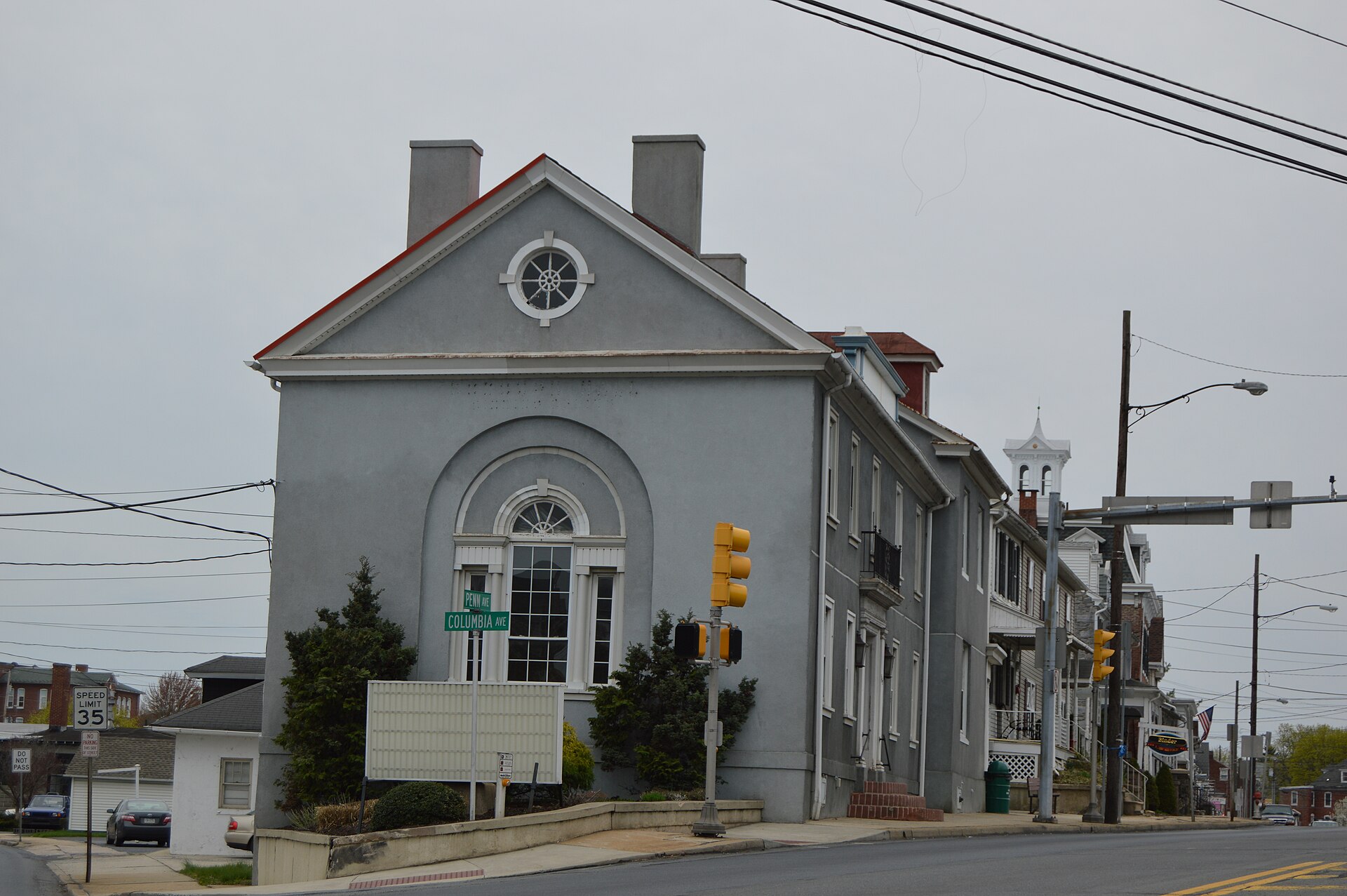 Buildings formerly standing at the junction of Penn (U.S. Route 422) and Columbia Avenues in the commercial district of Sinking Spring, Pennsylvania, United States. Demolished 2016