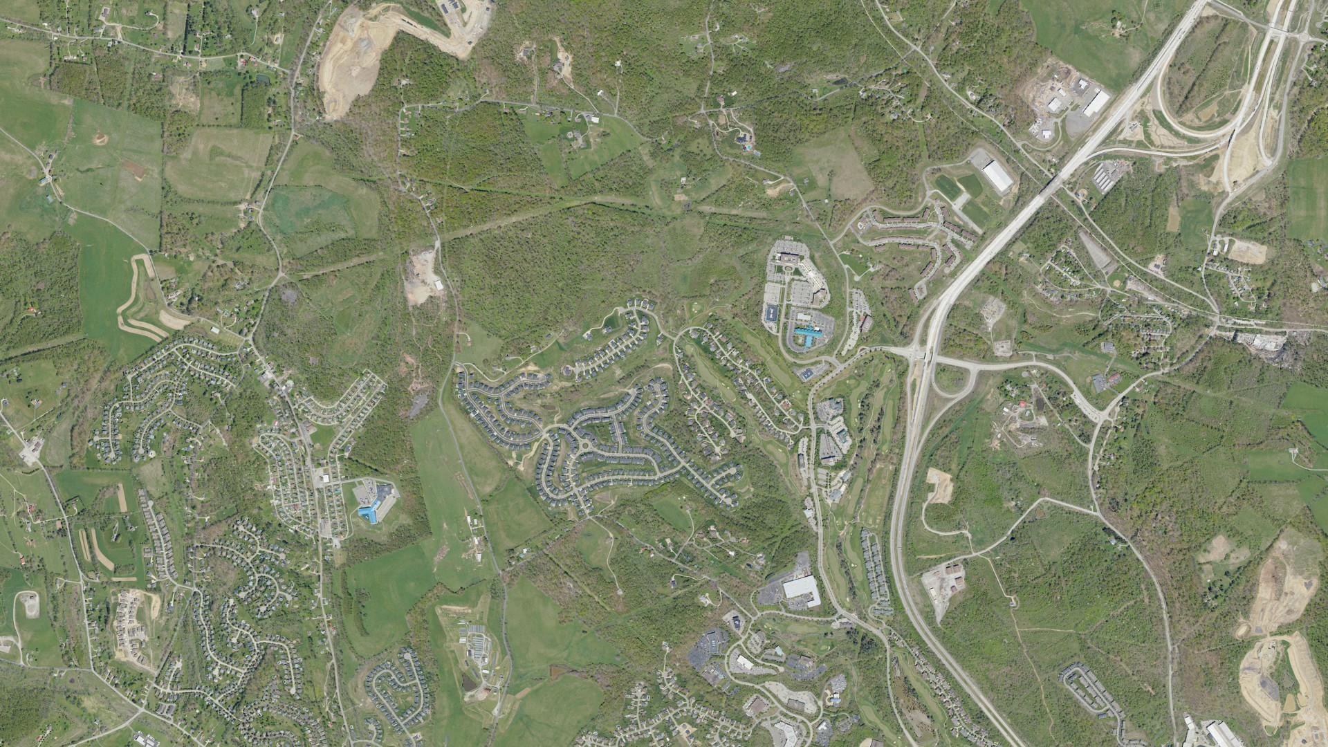 Natural-color aerial photograph of land around Southpointe, Pennsylvania