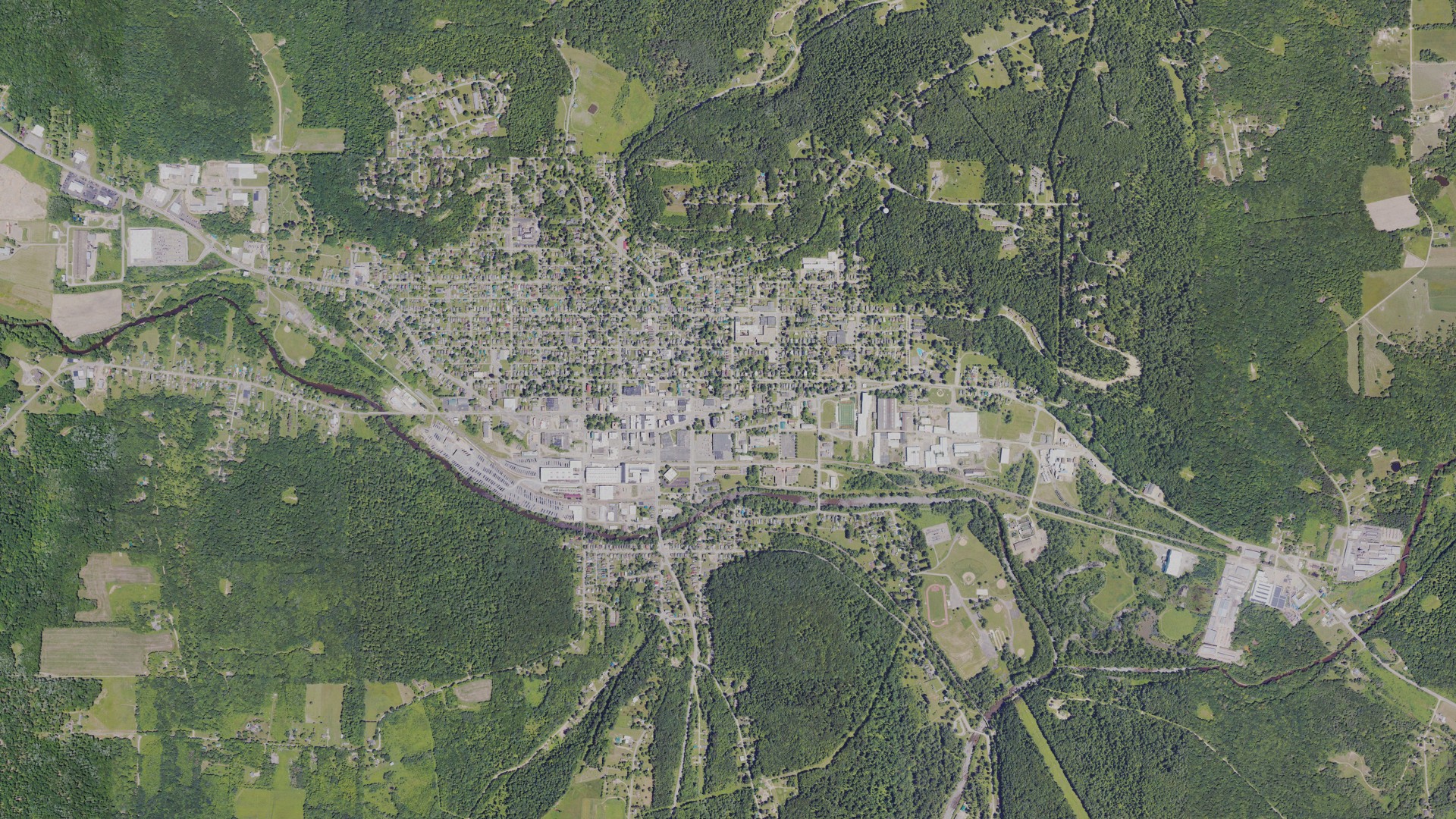 Natural-color aerial photograph of land around Titusville, Pennsylvania