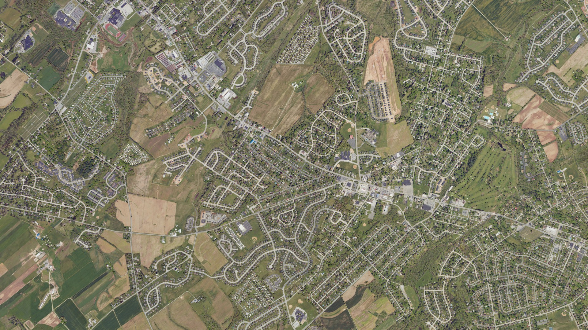 Natural-color aerial photograph of land around Weigelstown, Pennsylvania