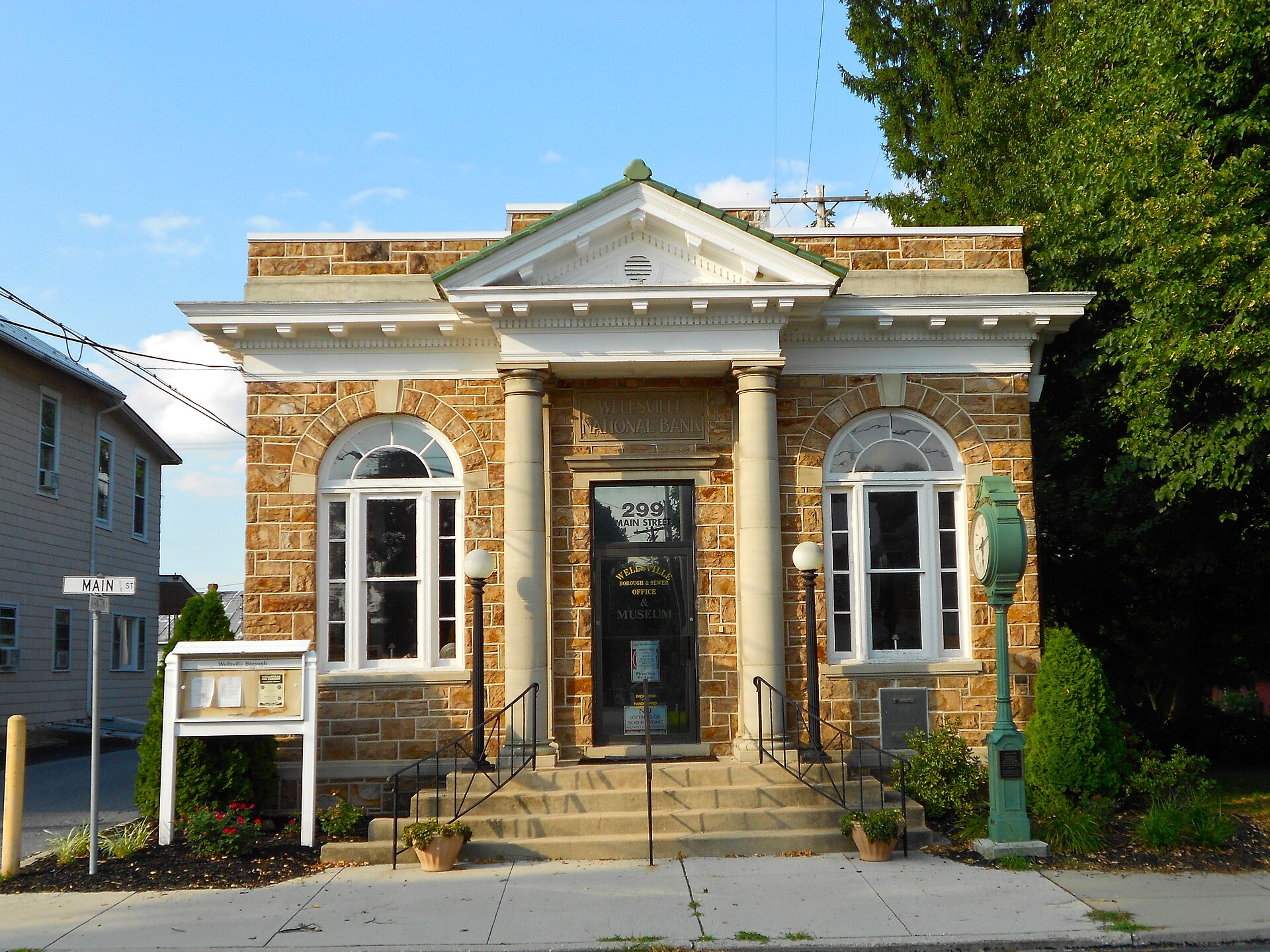 Old bank in Wellsville Historic District, listed on the NRHP on December 6, 1977, along York and Main Streets (Pennsylvania Route 74) in Wellsville, YorkCounty, Pennsylvania.