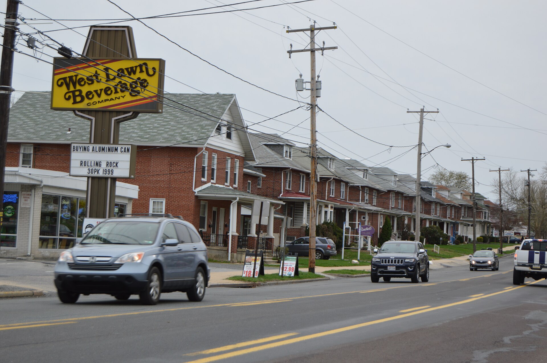 Buildings on the southern side of Penn Avenue (U.S. Route 422) west of Woodside Avenue in West Lawn, Pennsylvania, United States.