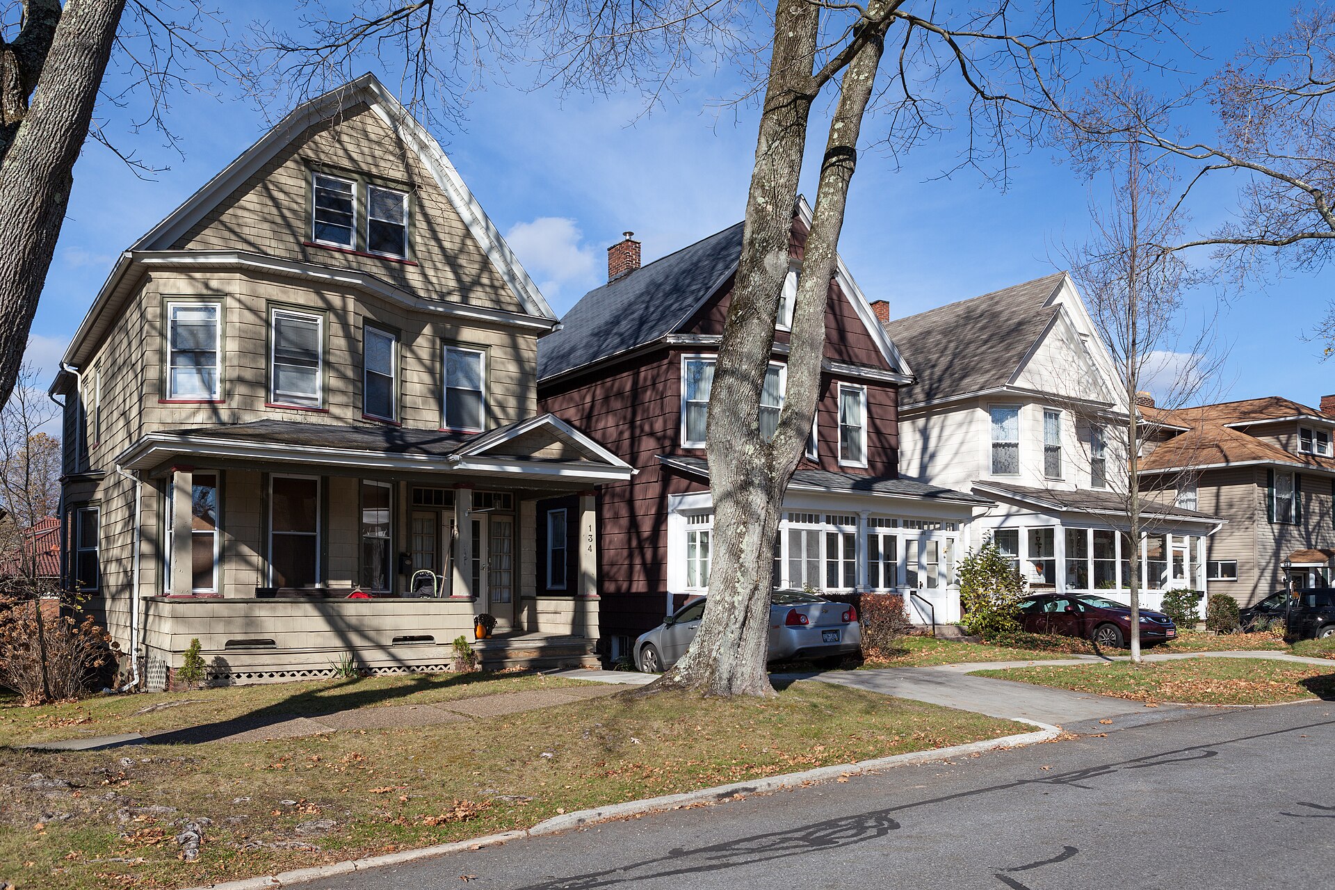 Looking north at 134, 130, and 126 Tioga St, the earliest group of homes for middle management employees of the Cambria Iron Company, c. — Westmont, Pennsylvania